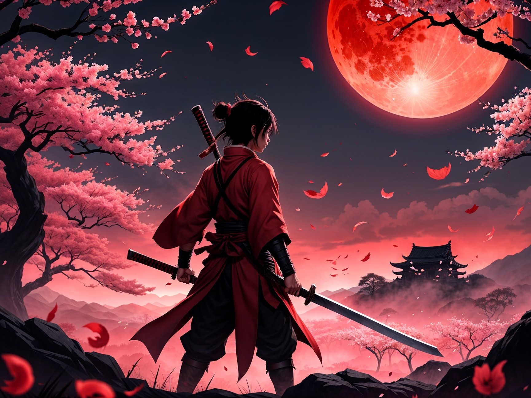 Lone Warrior Silhouetted Against Pink Moon and Pagoda