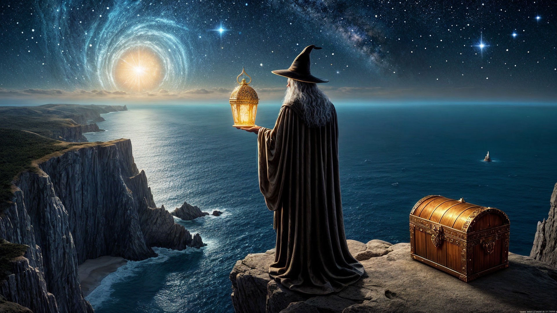 Wizard at Cliff with Lantern and Treasure Chest