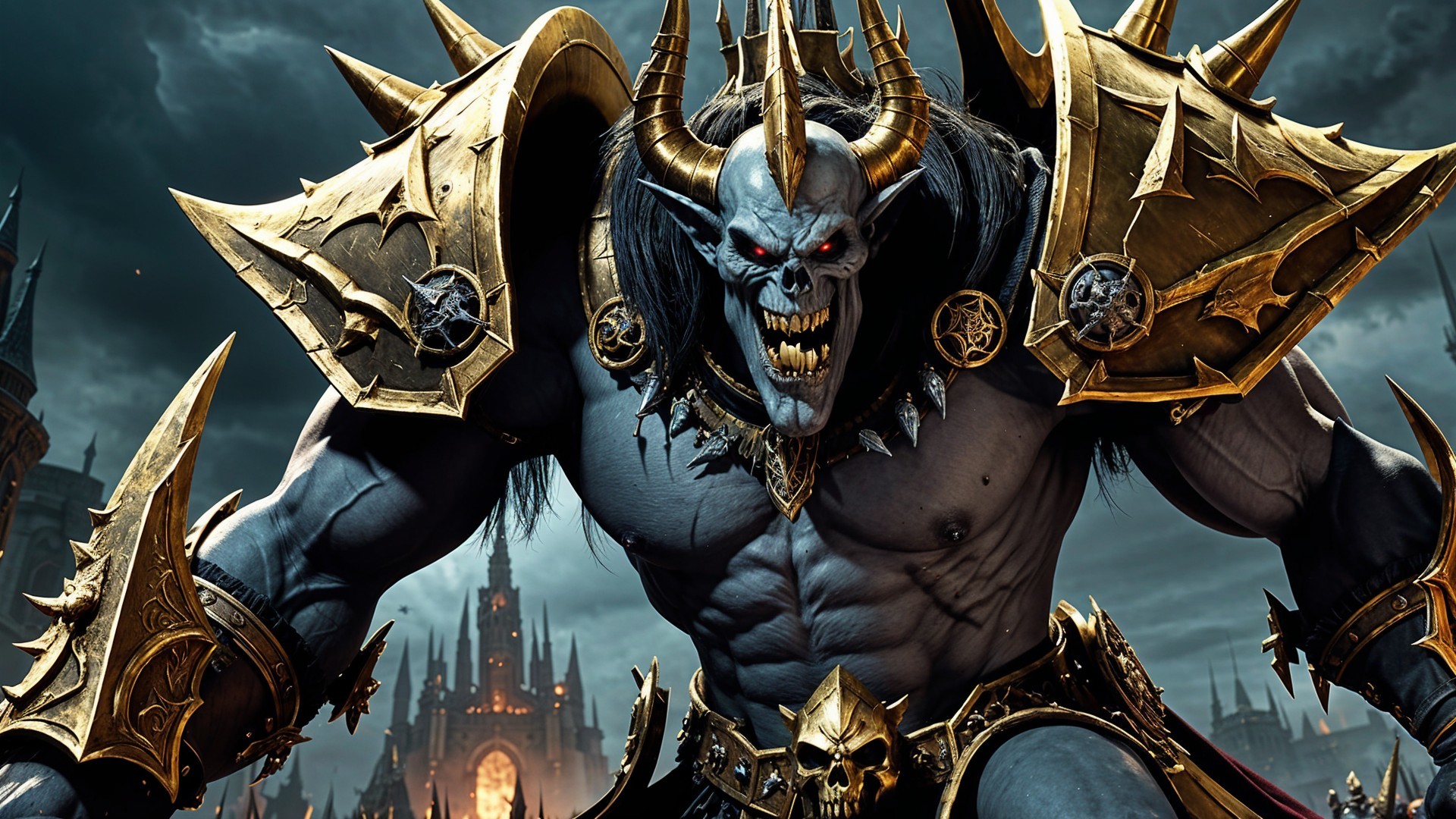 Muscular Demon in Spiked Armor Against Gothic Landscape