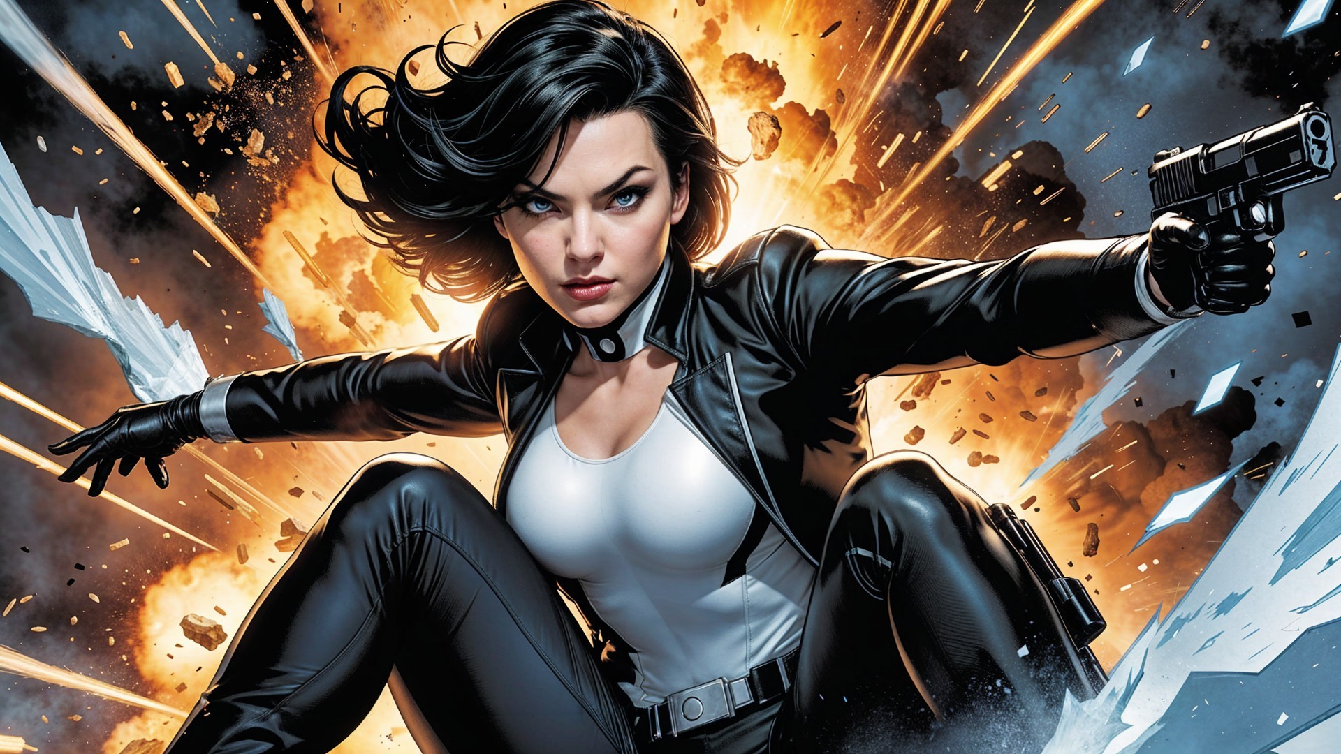 Fierce Female Character in Action Scene with Explosion