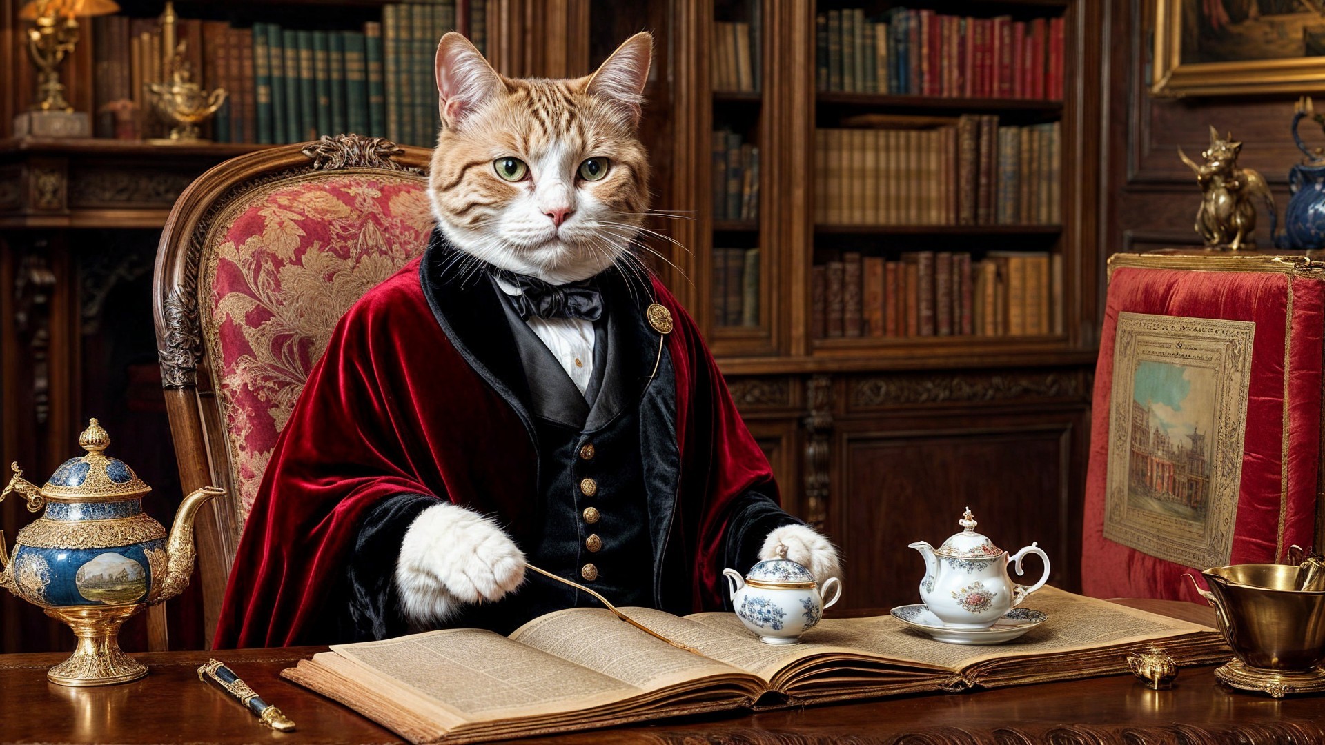 Regal Cat at Elegant Desk with Antique Books and Tea Set