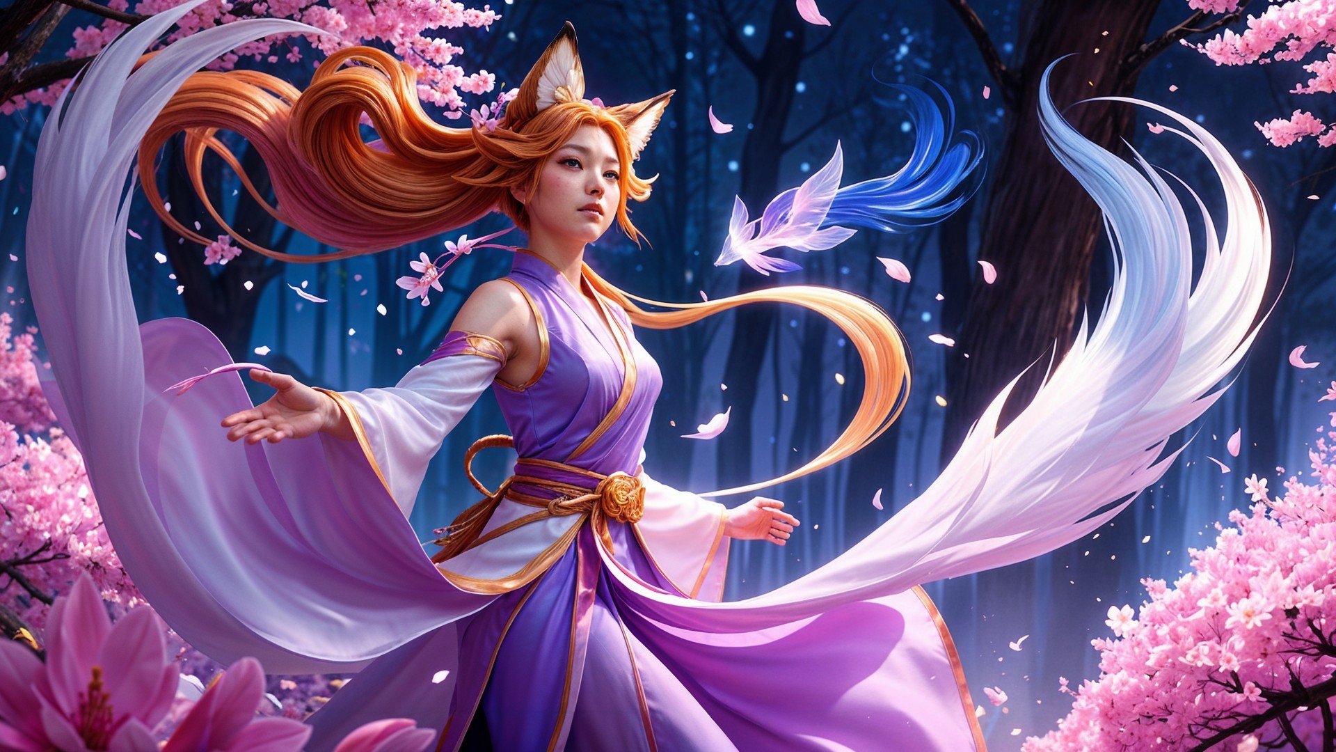Mystical figure in purple robes among cherry blossoms