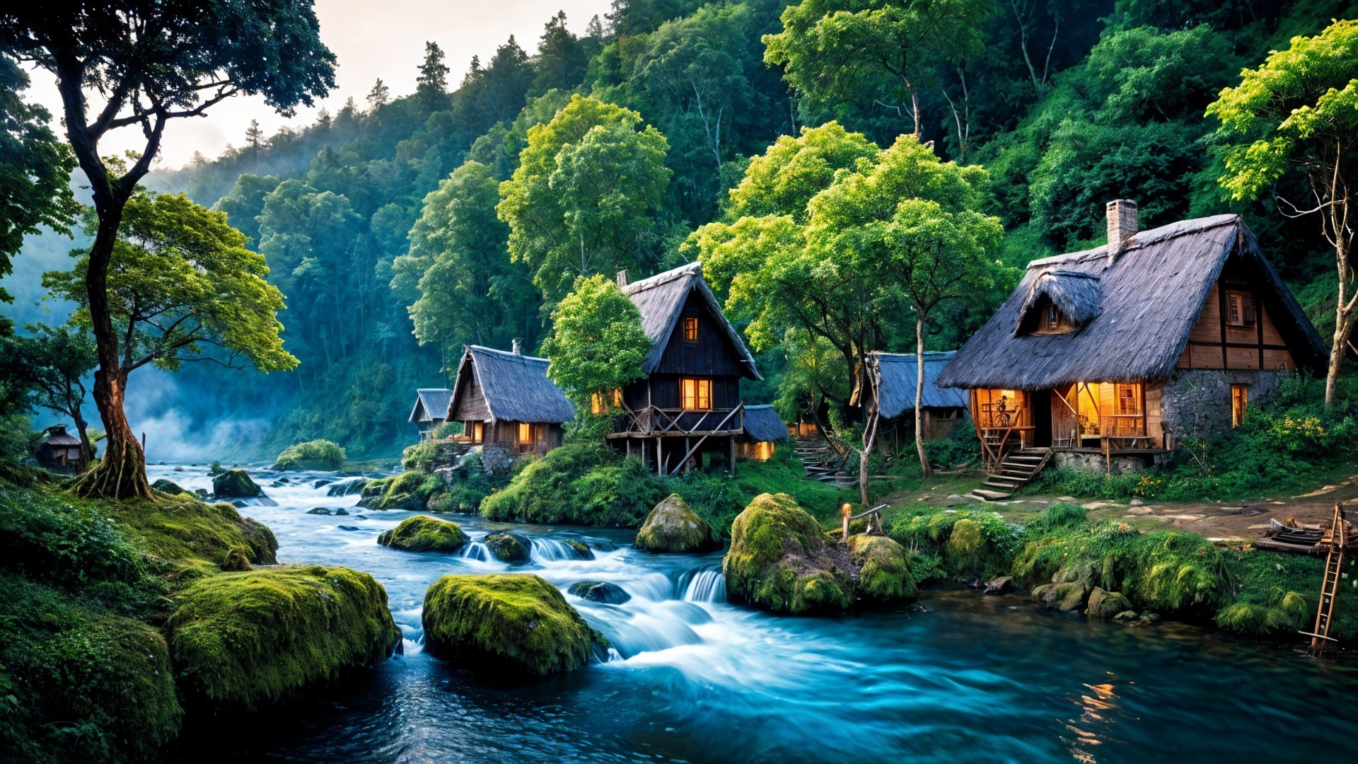 Thatched-roof Cottages by a Serene River Landscape