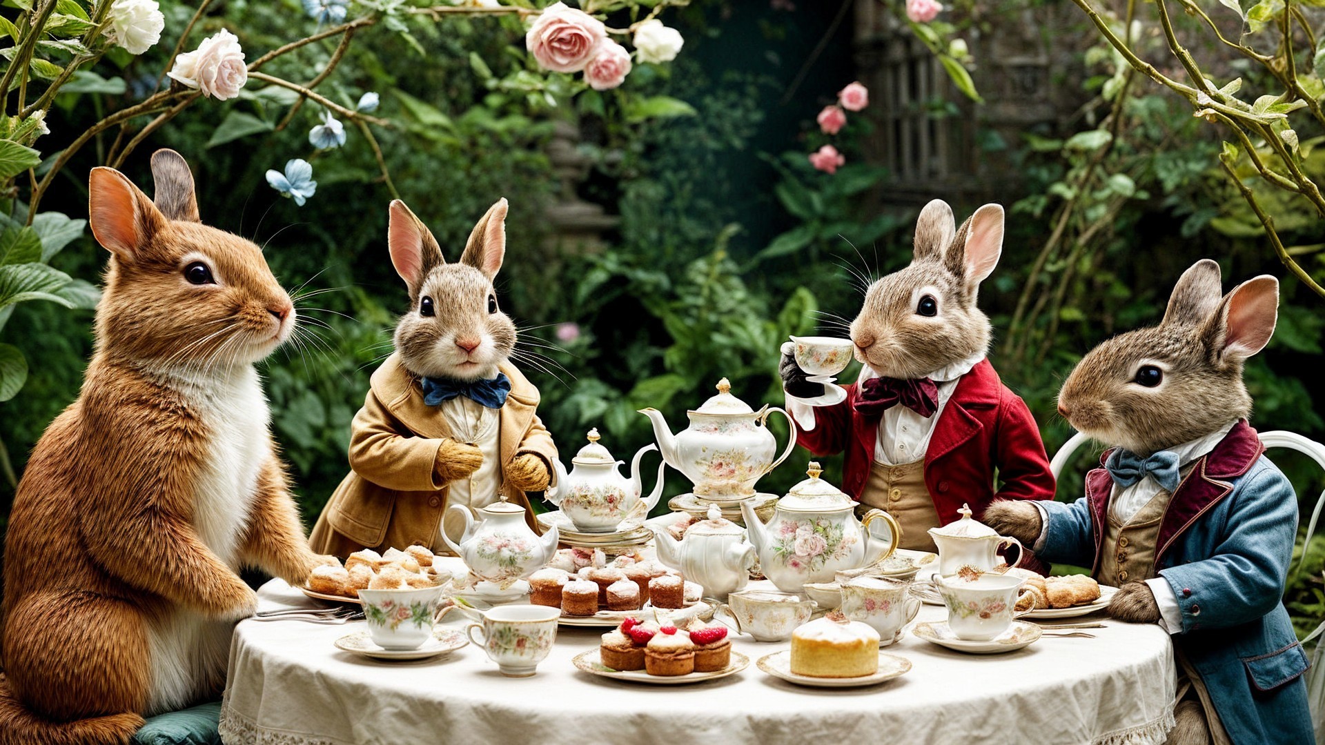 Whimsical Tea Party with Dressed Anthropomorphic Rabbits