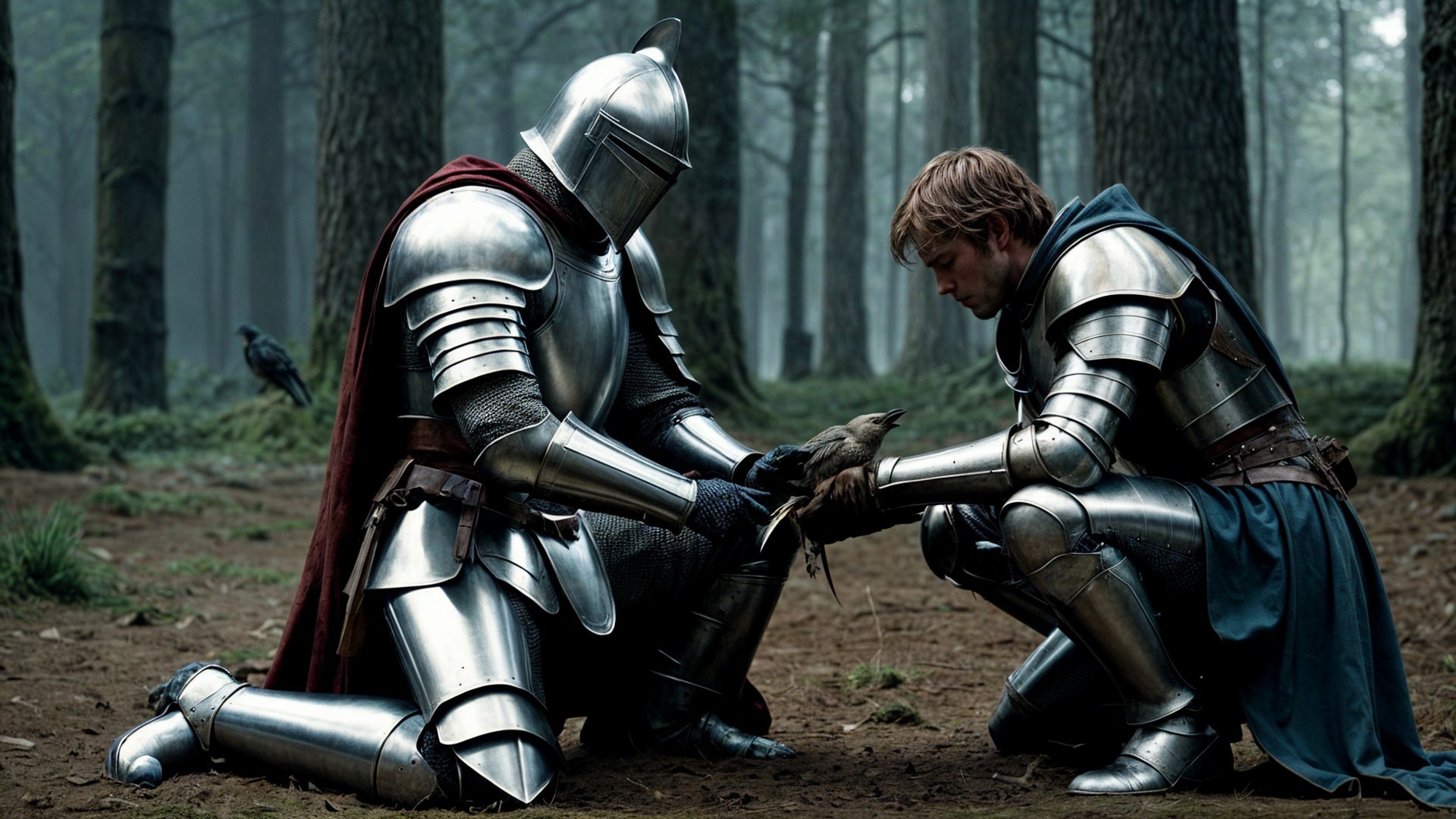 Knights in Armor Caring for a Bird in Misty Forest