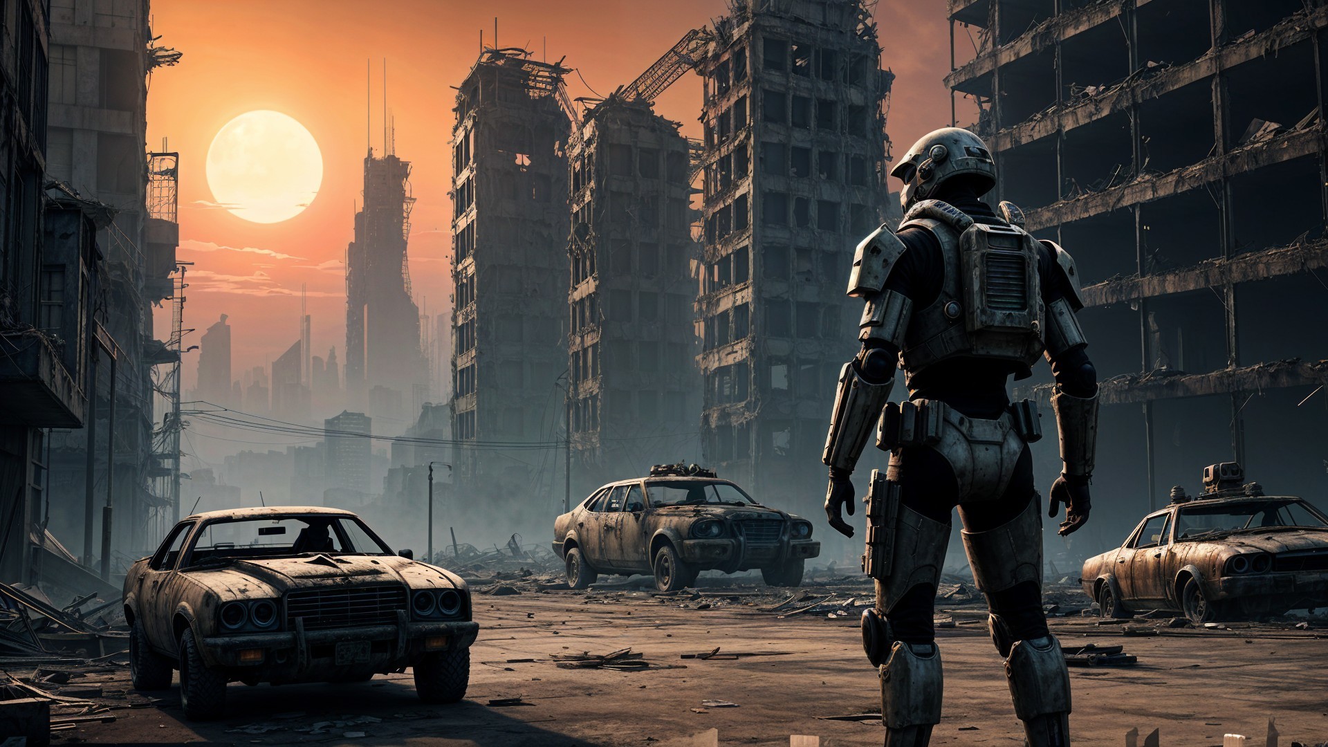 Robotic Figure in Post-Apocalyptic Cityscape at Sunset