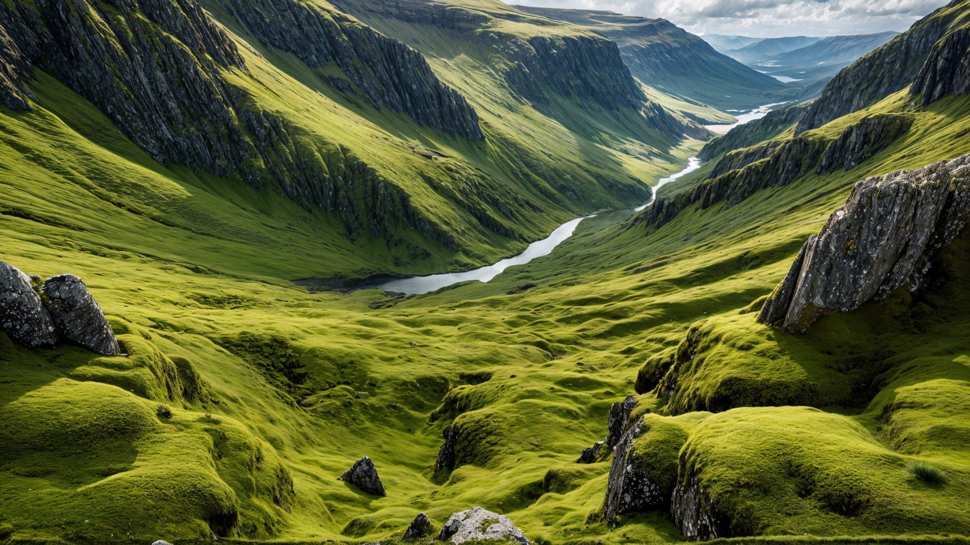Lush Green Valley Surrounded by Rocky Cliffs and River