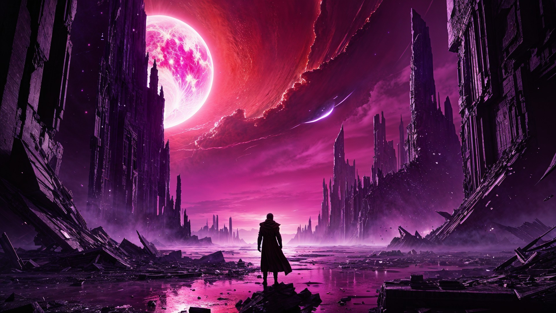 Solitary Figure in Surreal Ruins Under Vibrant Sky