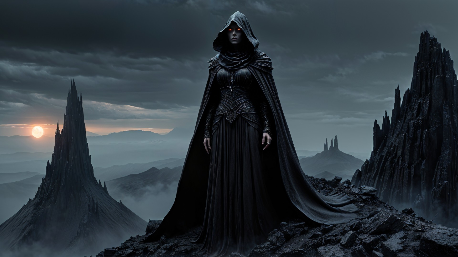 Mysterious Figure in Cloak on Rocky Landscape