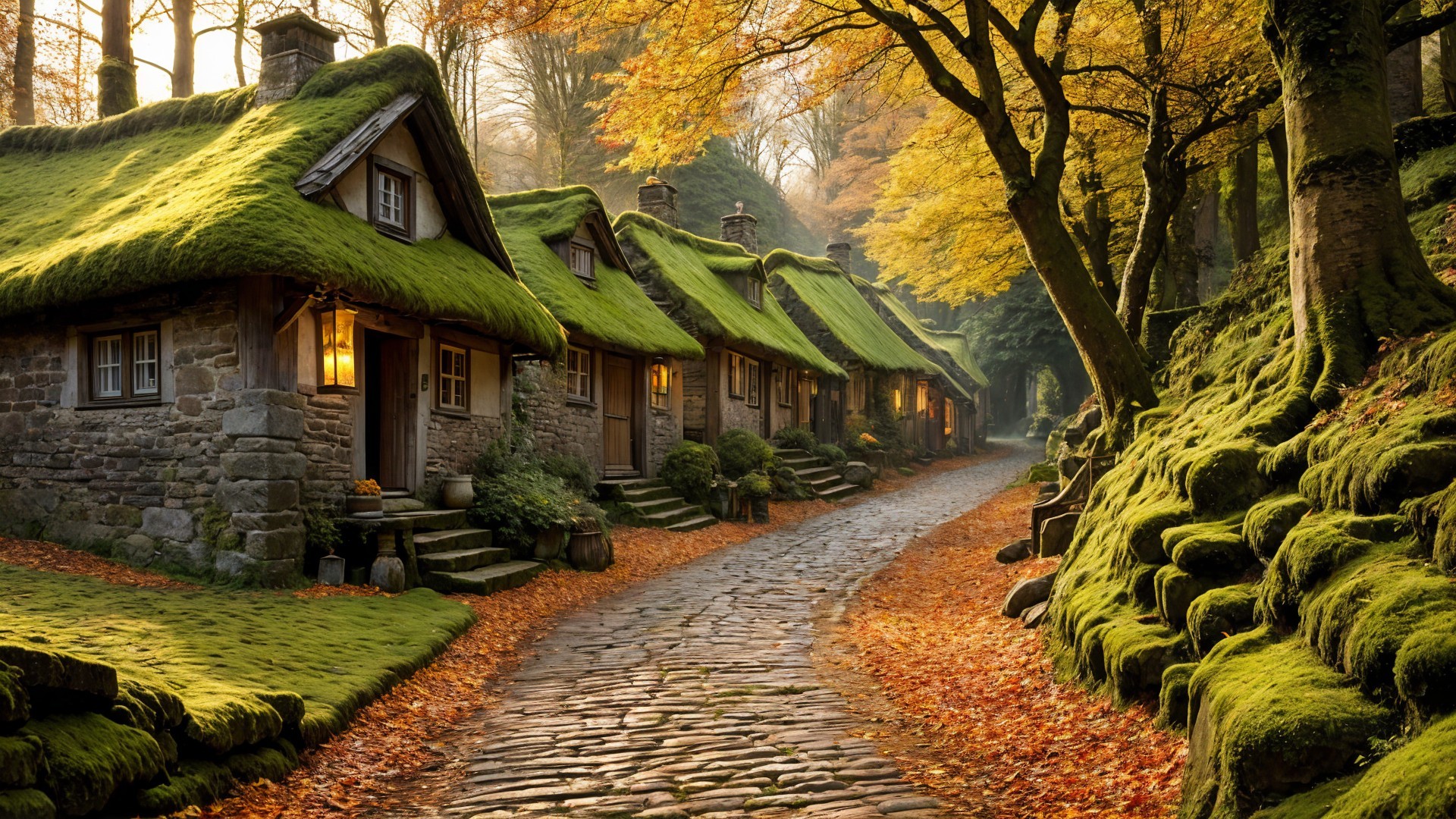 Charming Cobblestone Pathway in Autumn Village Scene