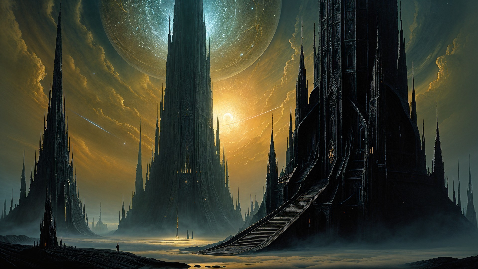 Surreal Landscape with Dark Spires and Twilight Sky