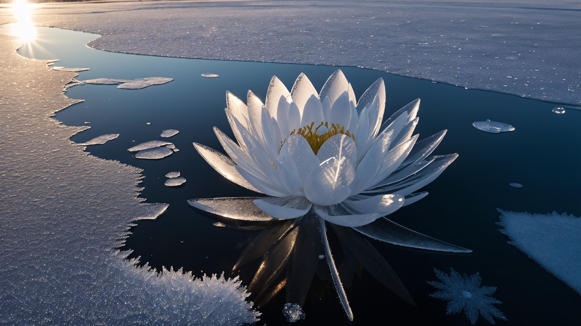 White Water Lily on Icy Lake with Frost Patterns