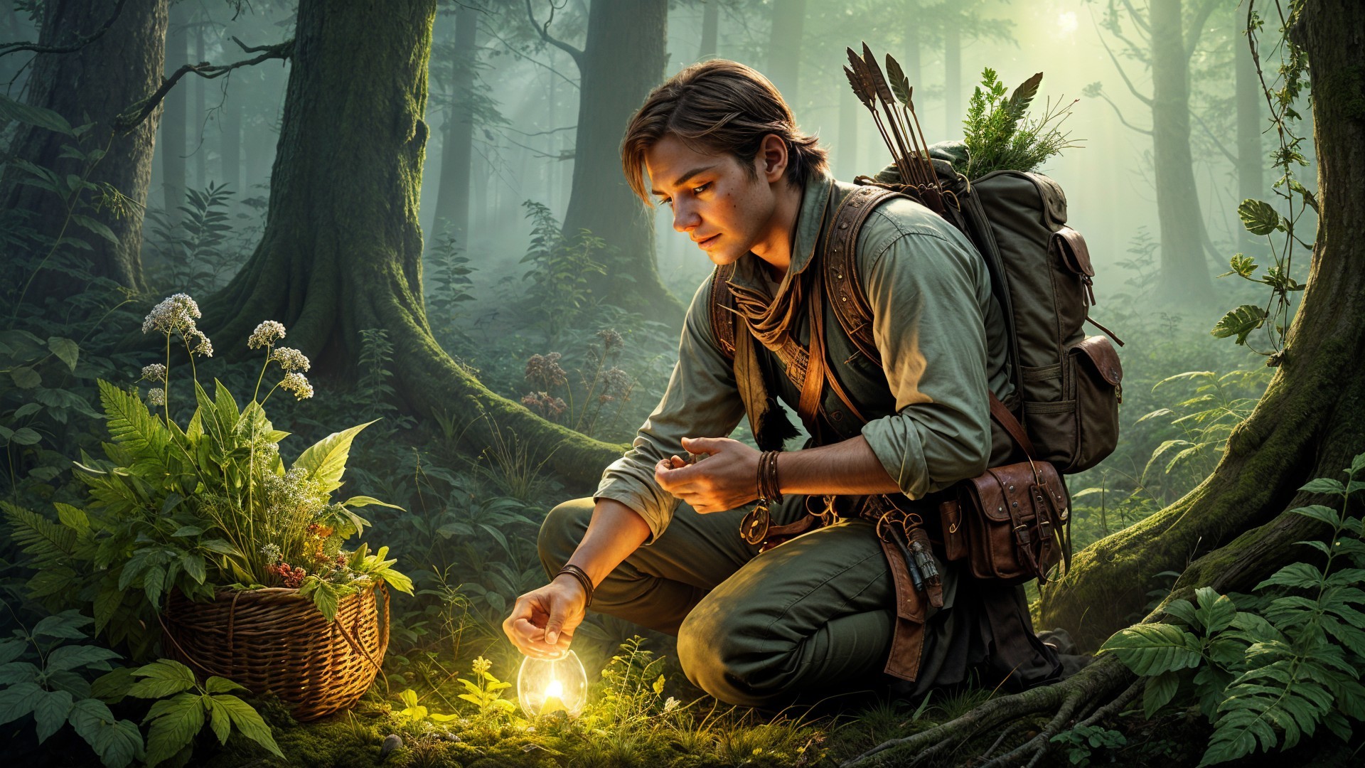 Young man in mystical forest with lantern and ferns