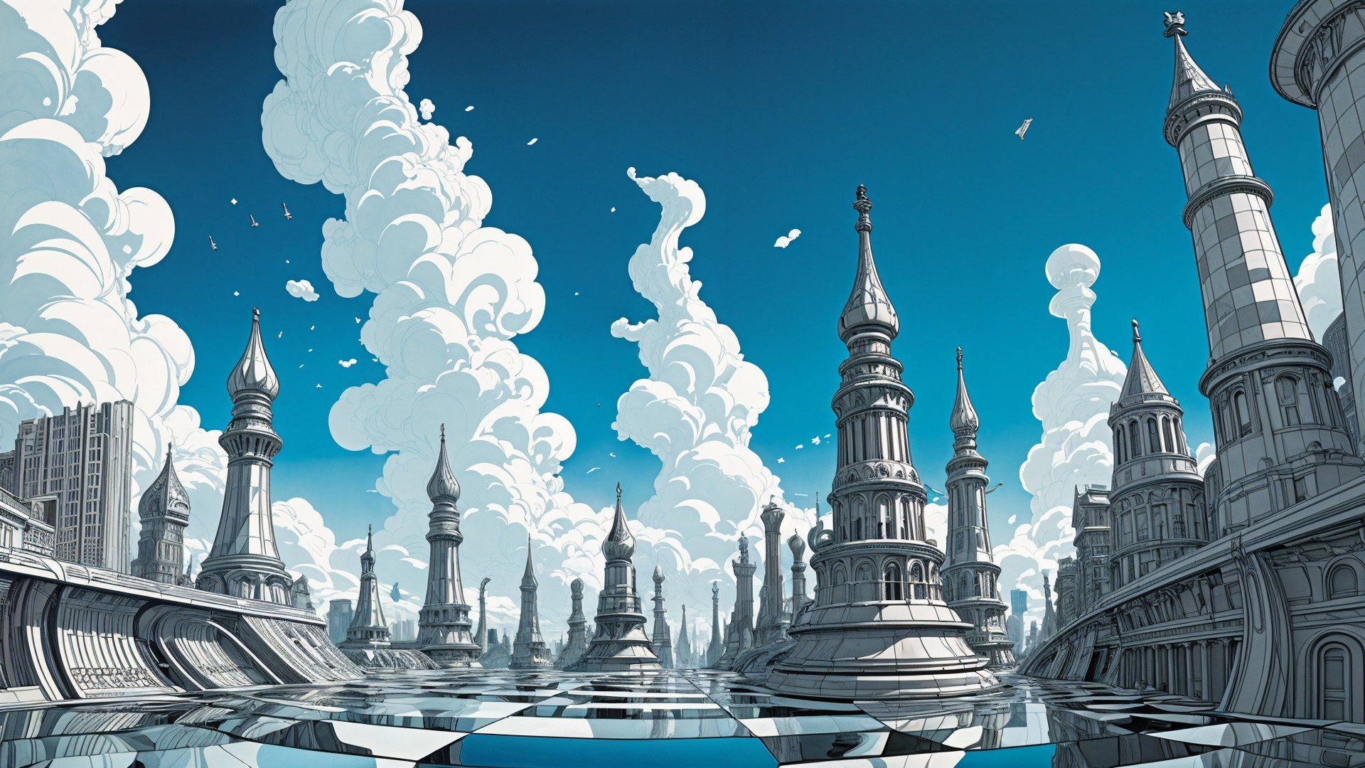 Surreal Cityscape with Monochromatic Structures