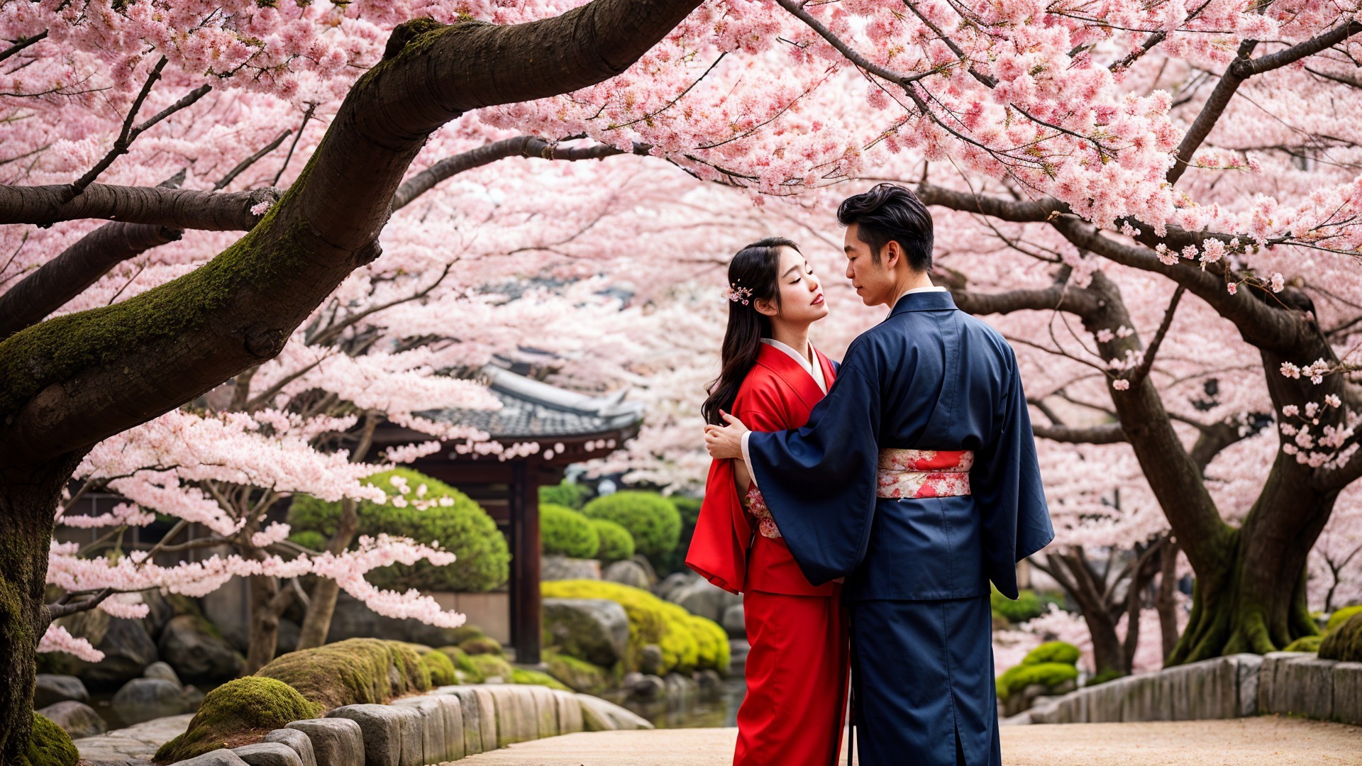 Couple in Kimonos under Cherry Blossom Trees