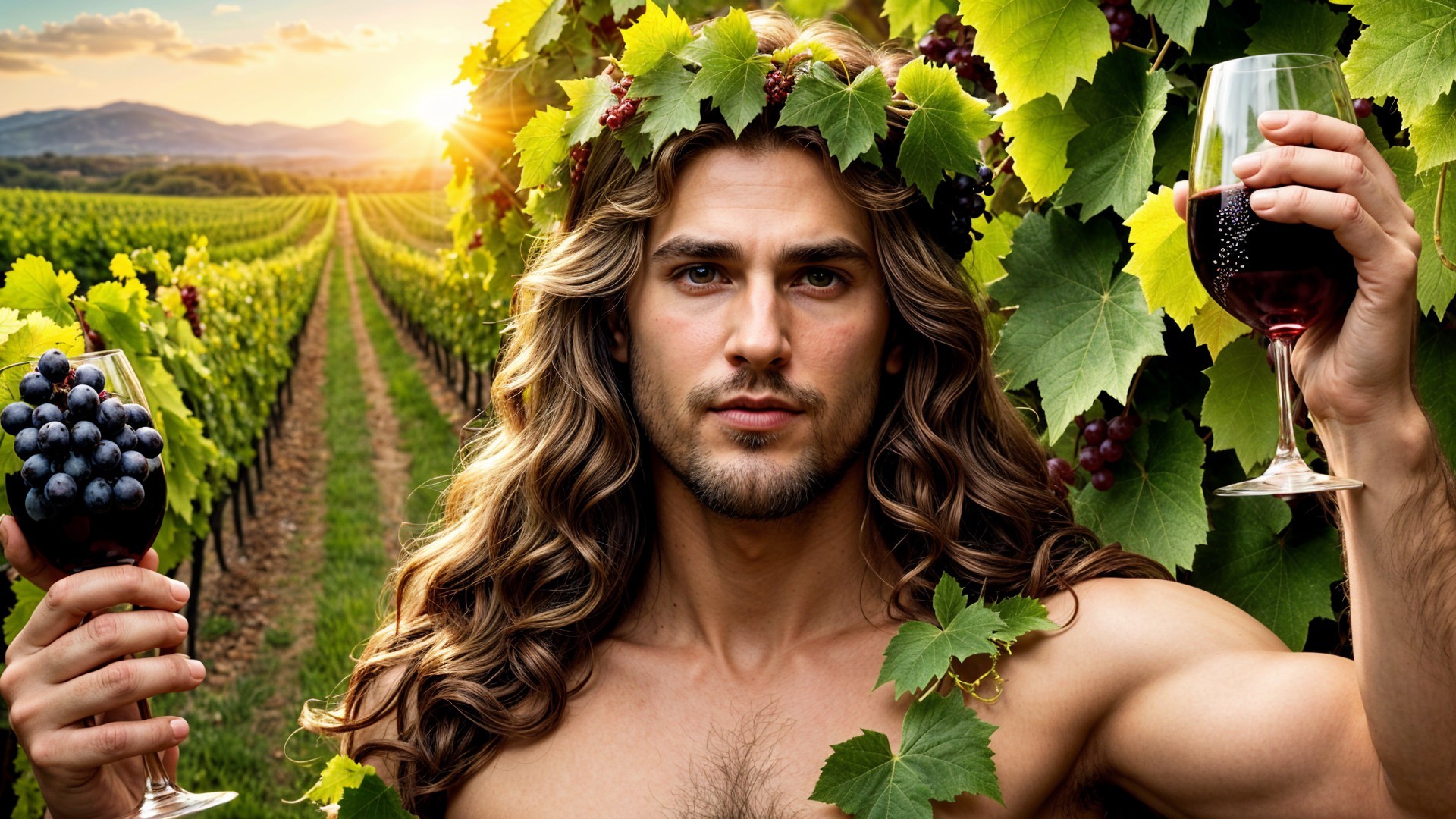 Muscular Man in Vineyard at Sunset with Wine and Grapes