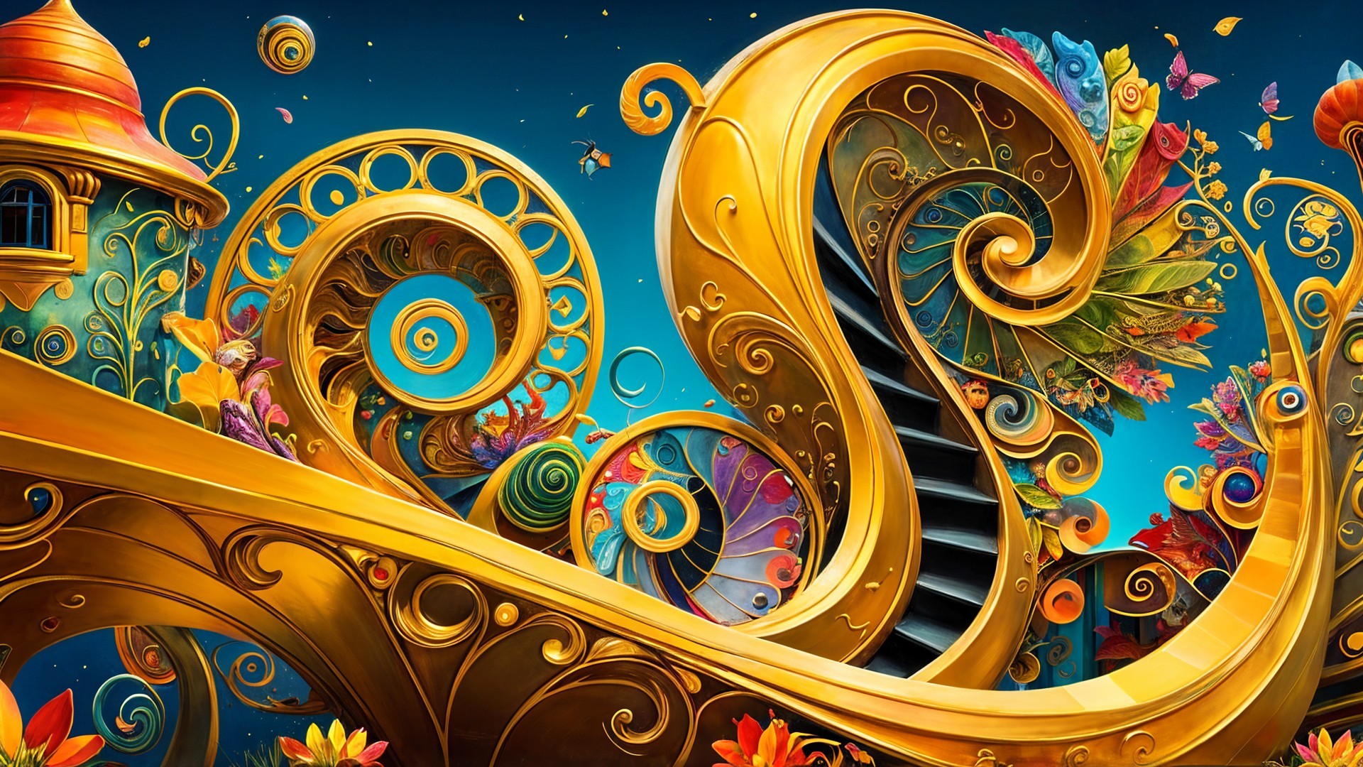 Whimsical Scene with Golden Swirls and Colorful Flora