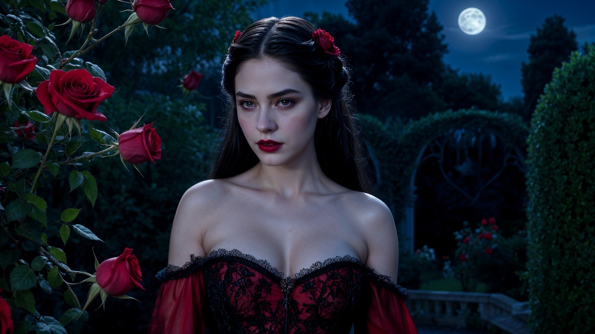 Young woman in moonlit garden with roses and gown