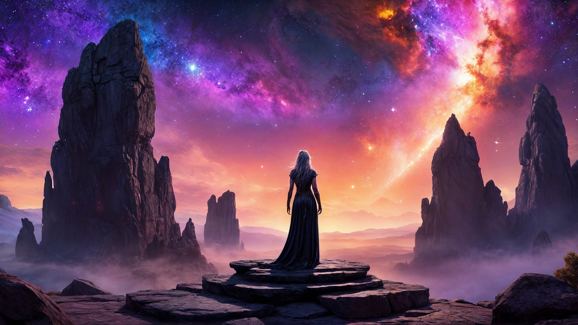 Cosmic Landscape with Figure in Black Gown