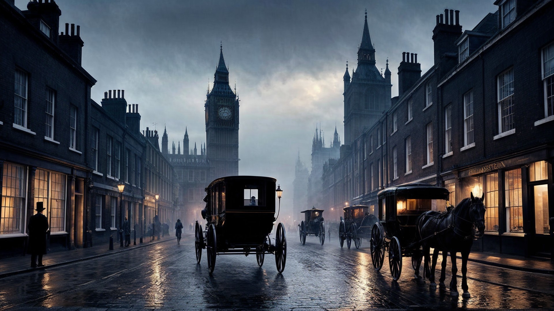 Historic Cobblestone Street with Gas Lamps and Carriages