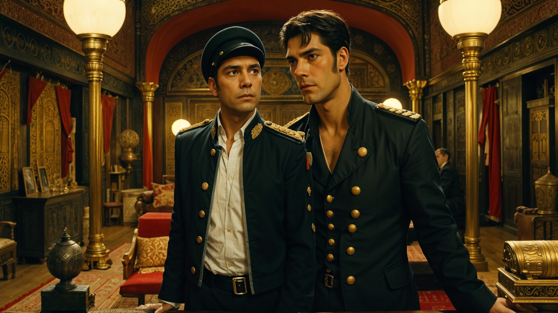 Military Men in Ornate Historical Room Setting