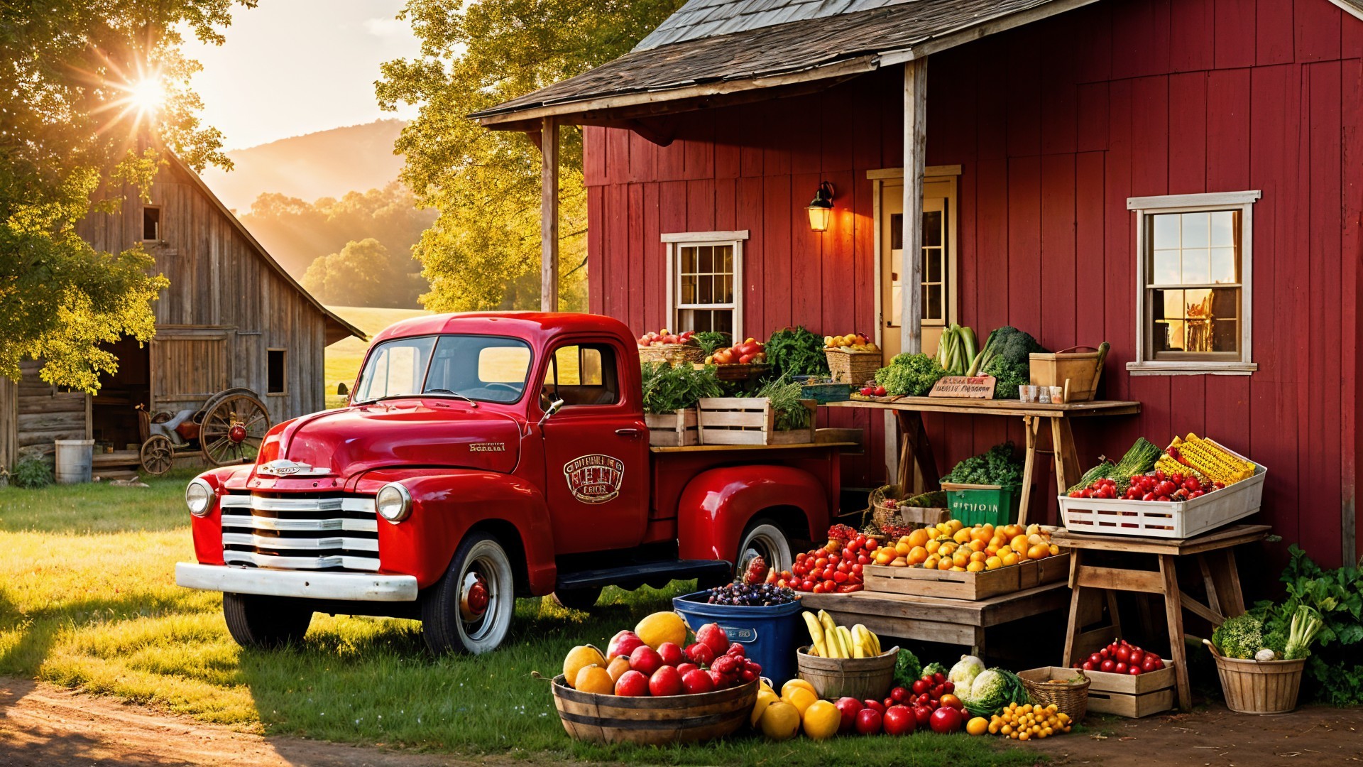 Vintage Red Truck with Fresh Produce by Rustic Barn