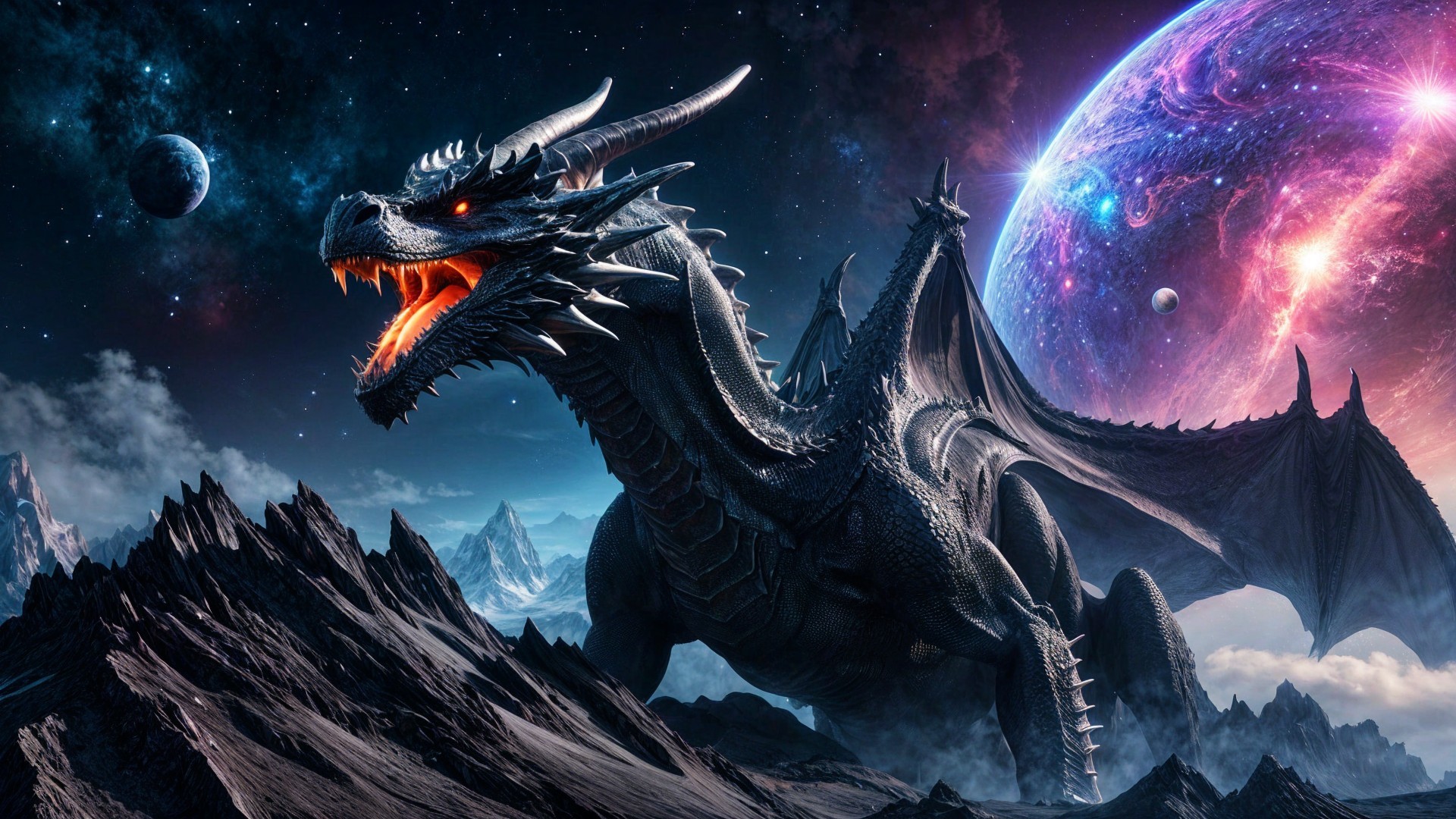 Majestic Black Dragon in Cosmic Mountain Scene
