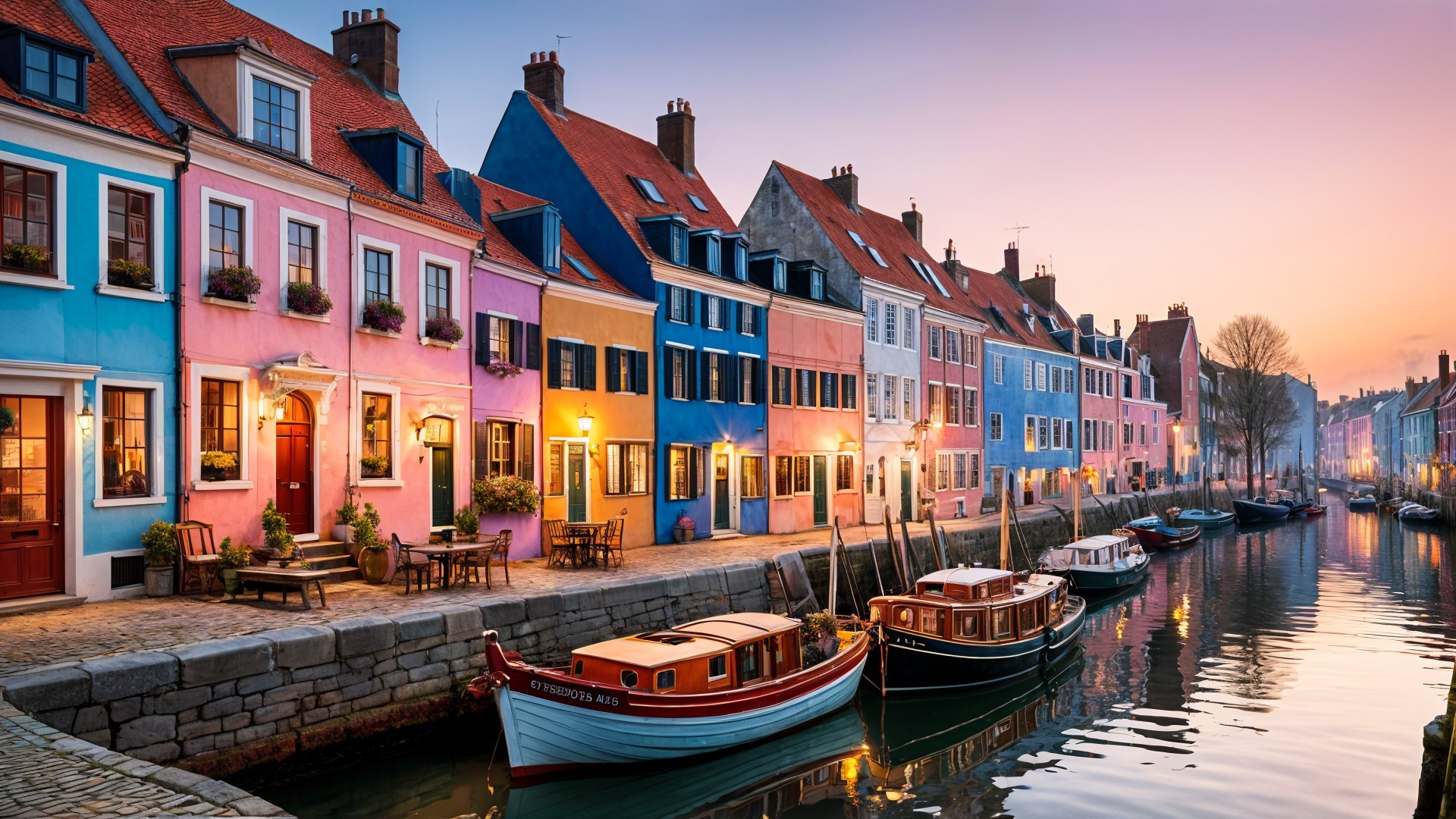 Picturesque Canal with Colorful Houses at Sunset