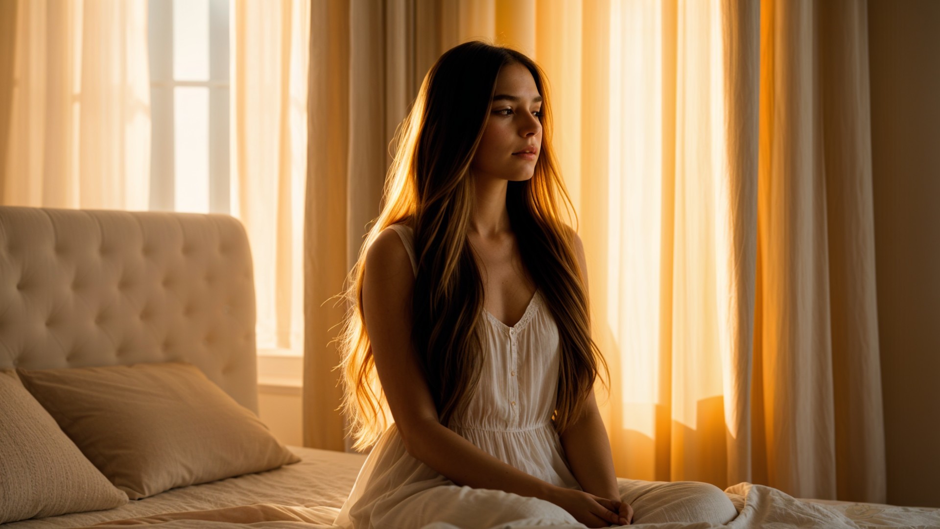 Young Woman in Serene Light on a Bed