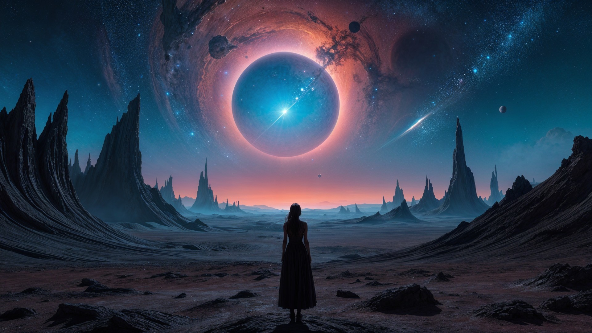Lone Figure in Barren Landscape Under Celestial Scene