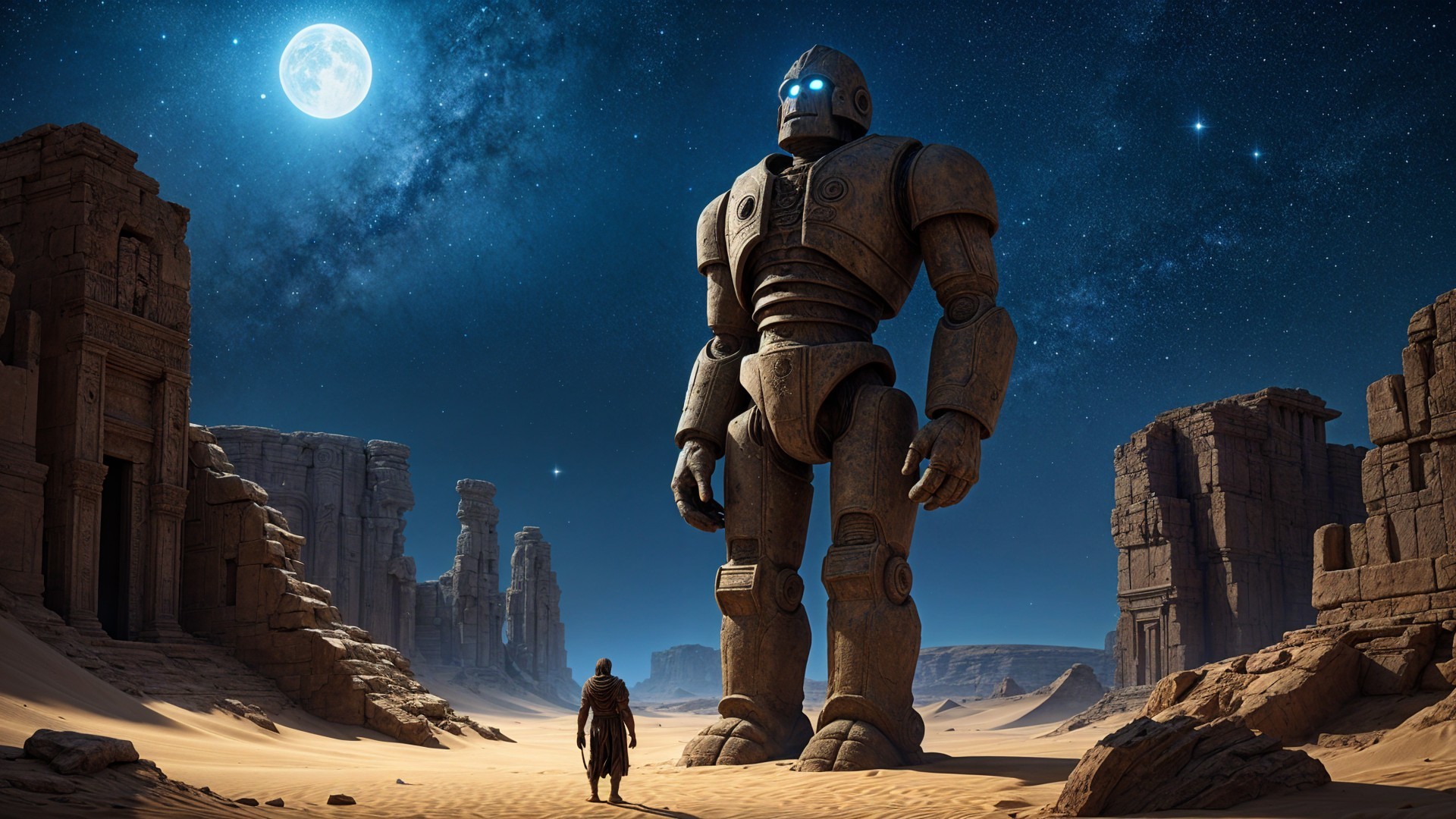 Ancient Robot in Desert Ruins Under Starry Sky