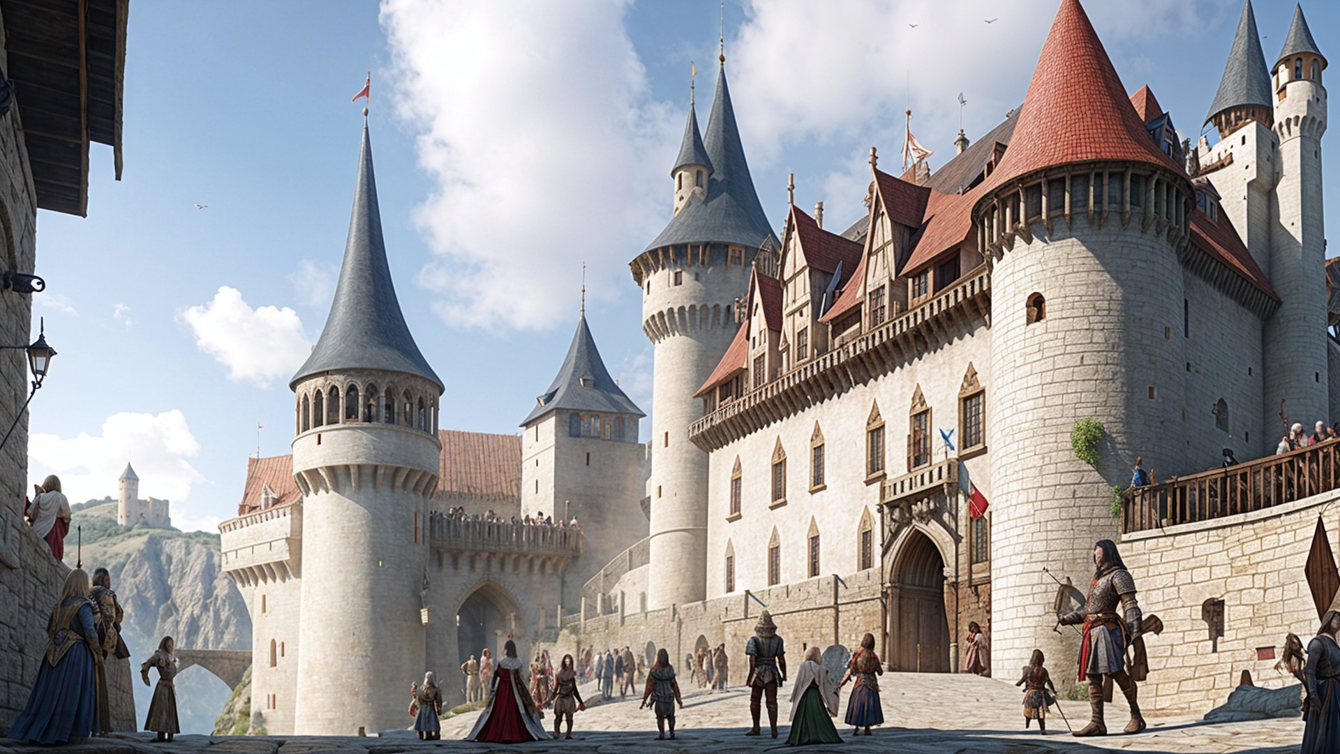 Medieval Castle Scene with Courtyard Activity