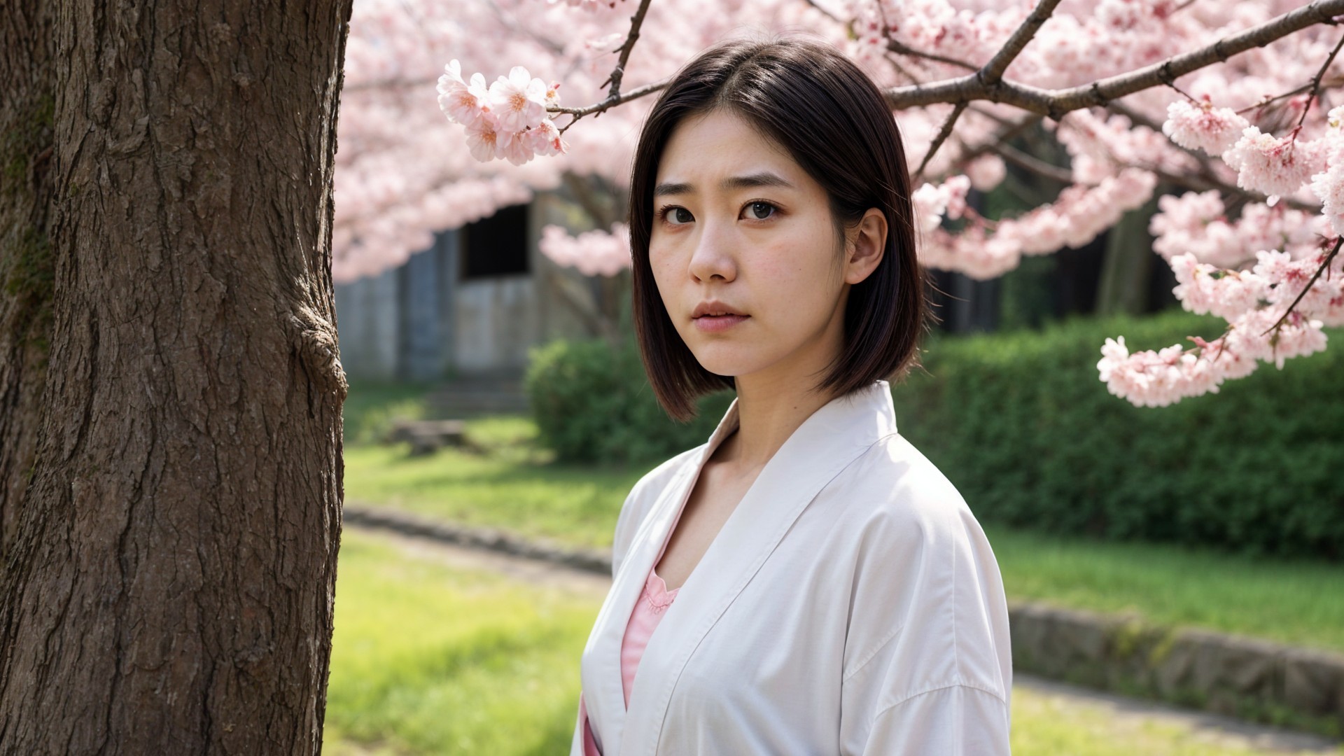 Young woman by cherry blossoms in tranquil setting