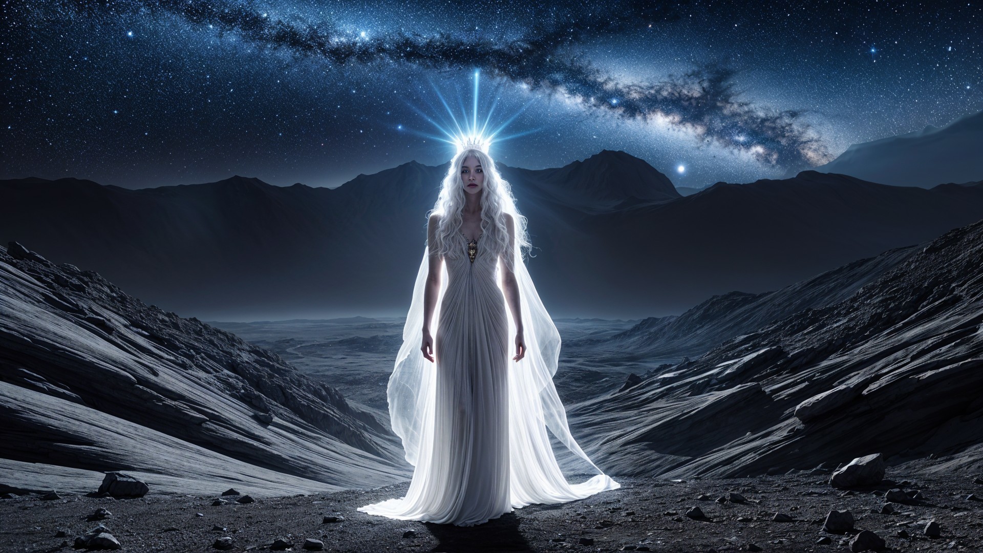 Mystical figure in a lunar landscape with starburst crown