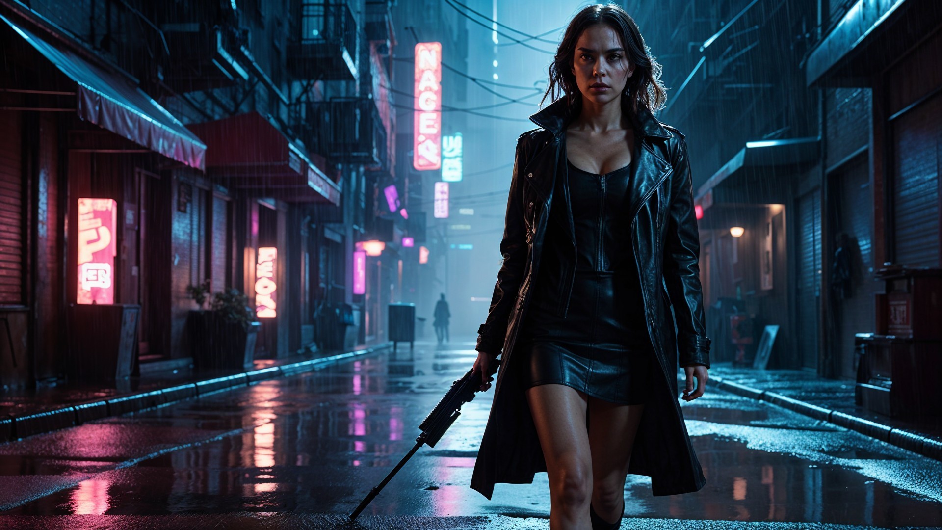 Confident Woman in Leather Dress in Neon Alley