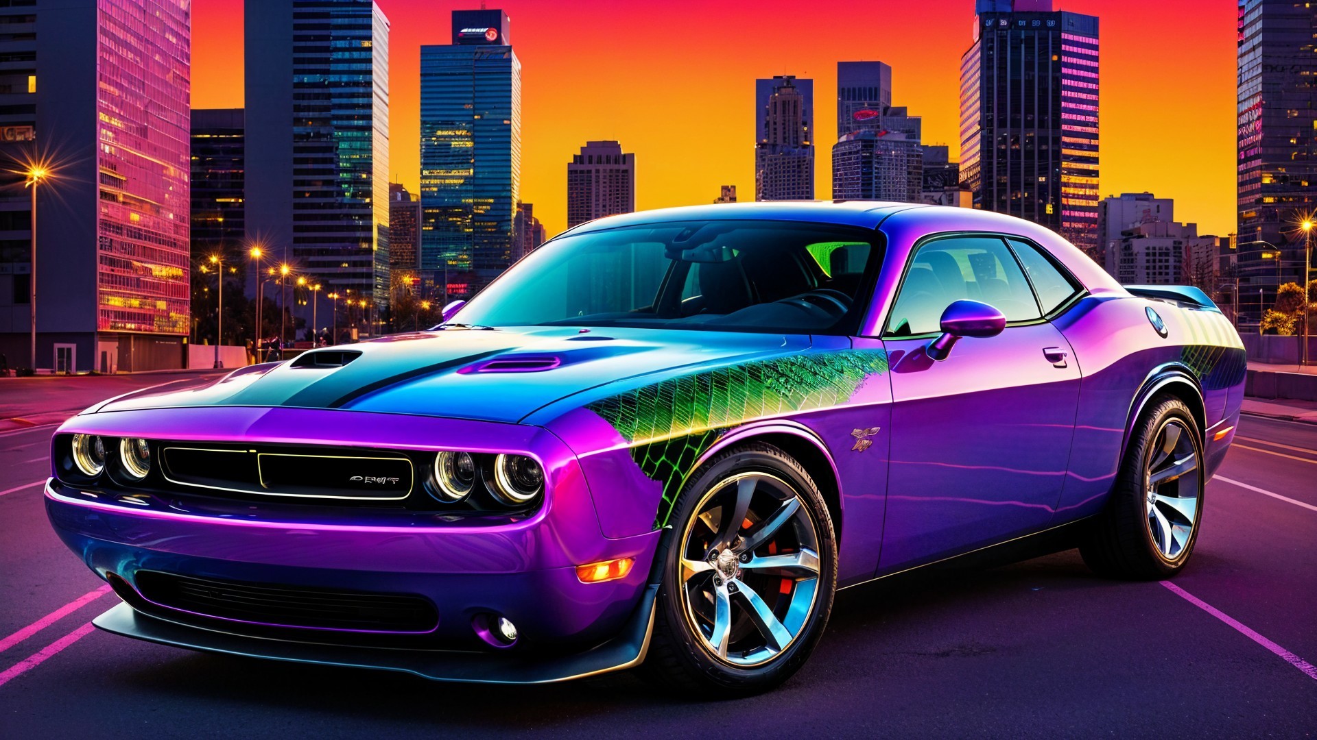 Vibrant Purple Sports Car in Cityscape at Sunset