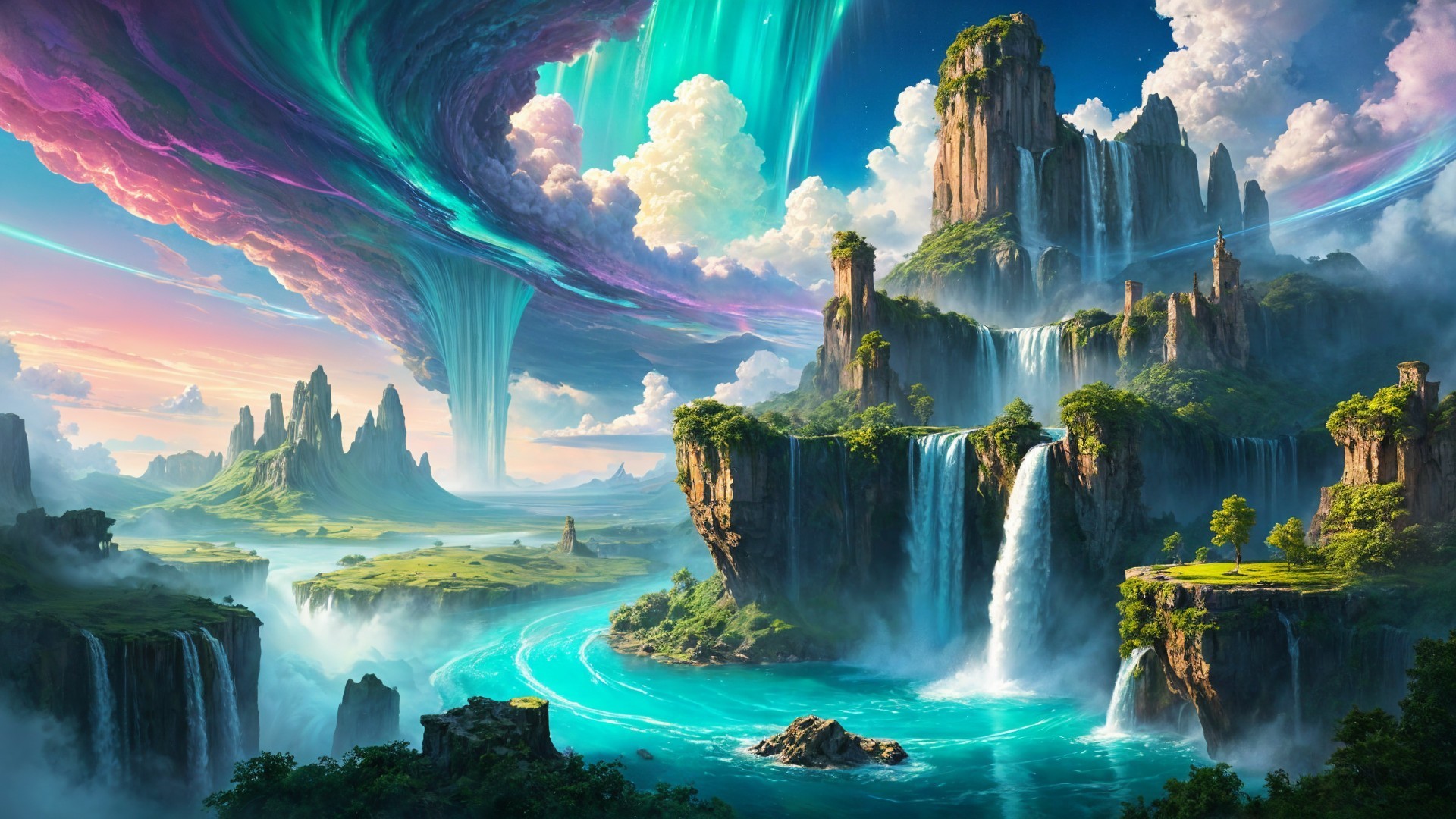 Fantasy Landscape with Mountains, Waterfalls, and Auroras