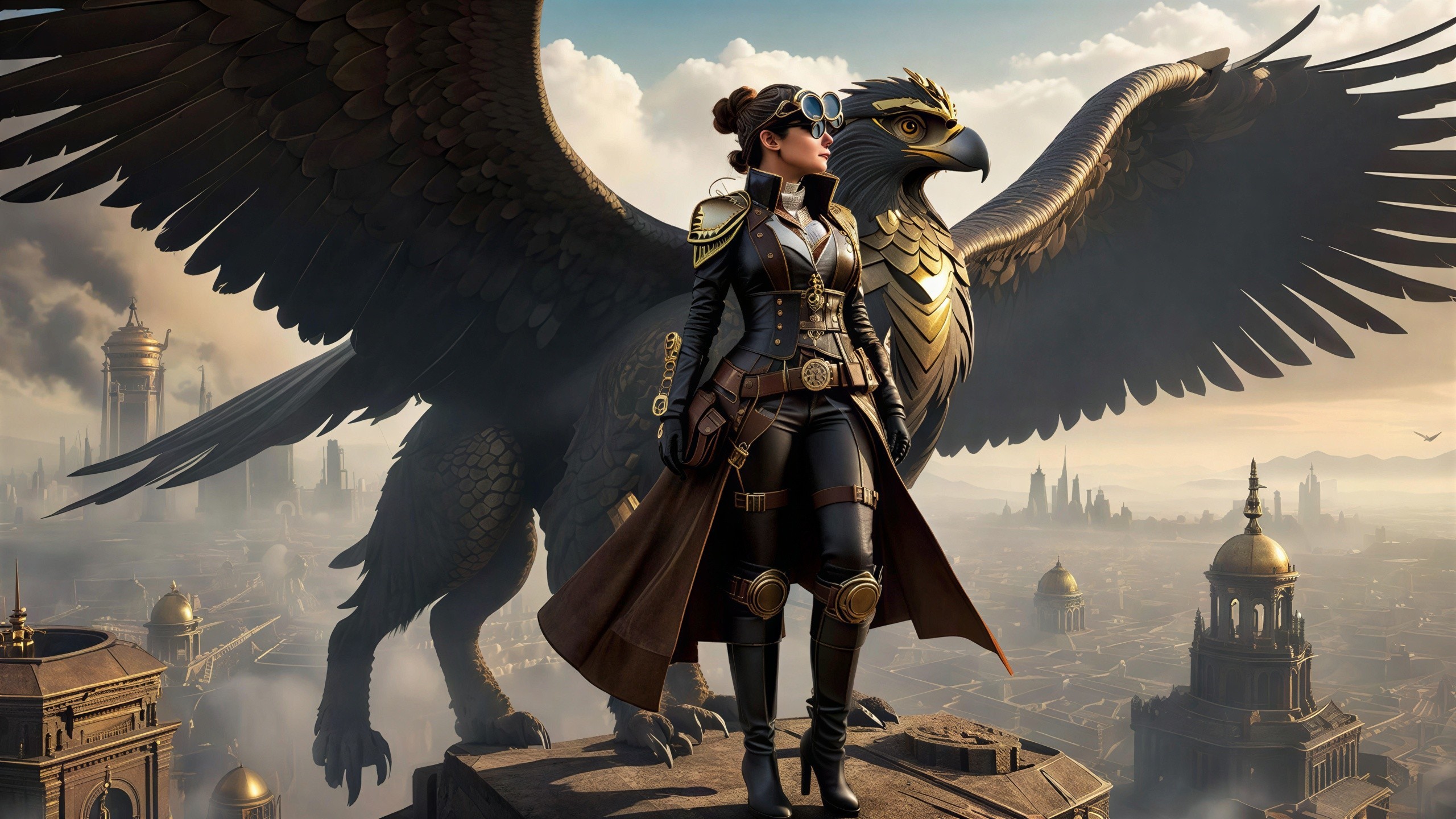 Steampunk Cityscape with Adventurer and Griffin