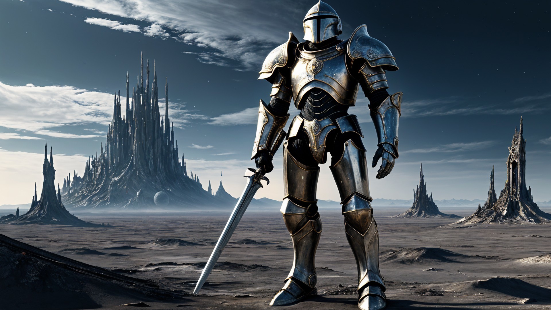 Knight in Silver Armor on Alien Landscape with Castle