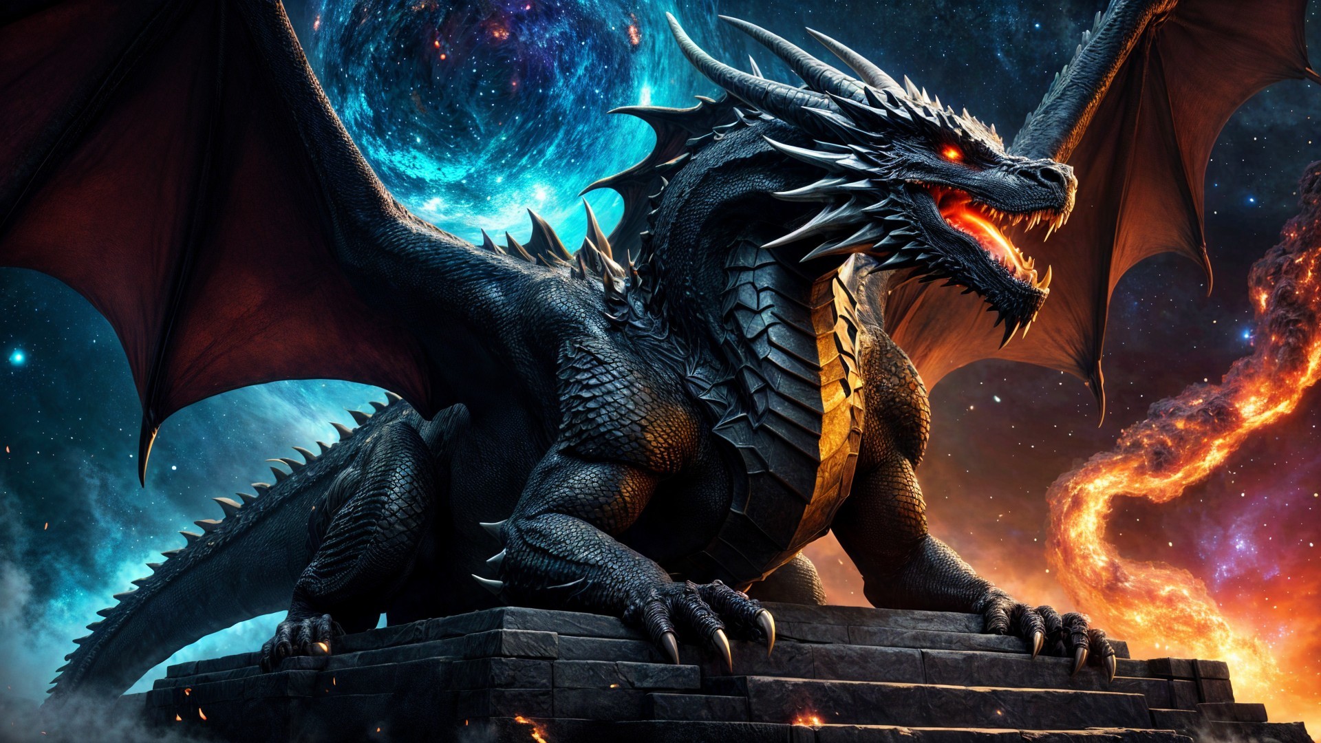 Majestic black dragon on stone pedestal in cosmic scene