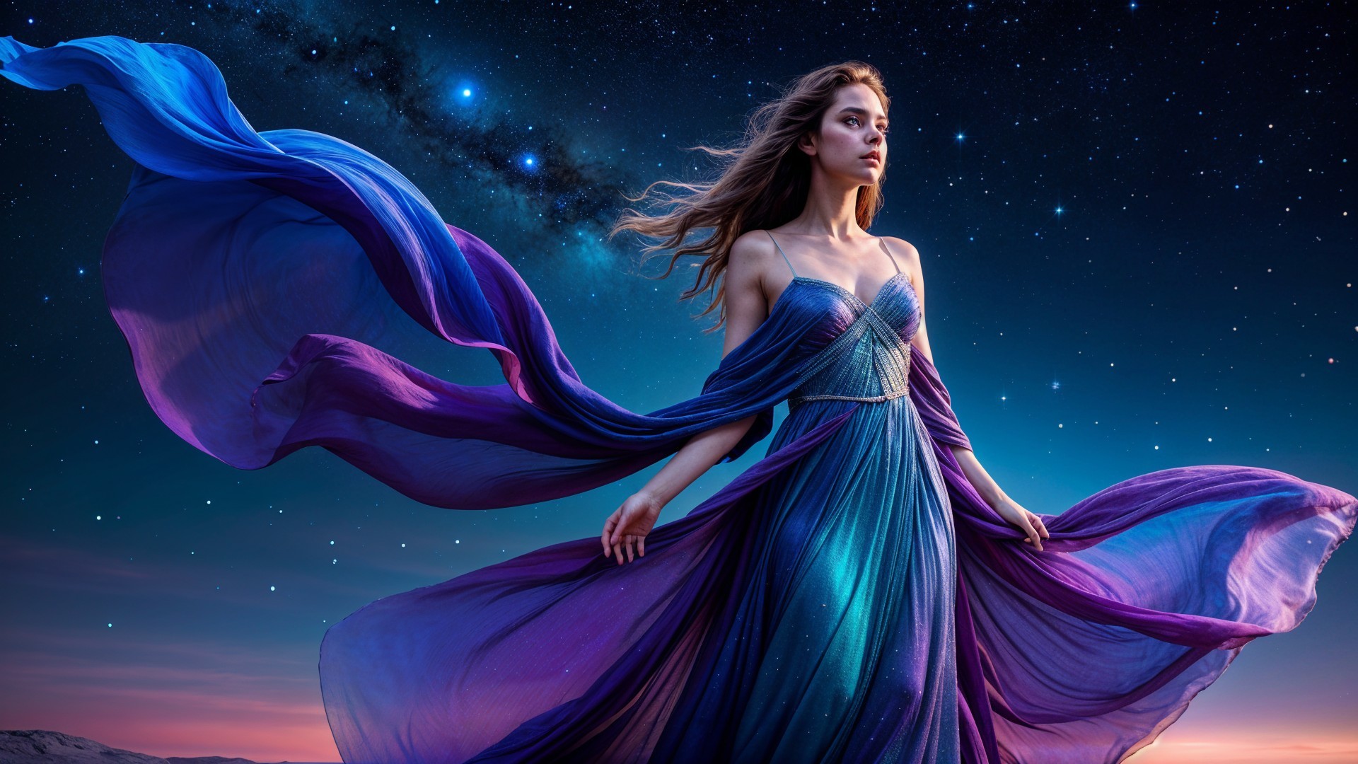 Woman in flowing gown against cosmic backdrop