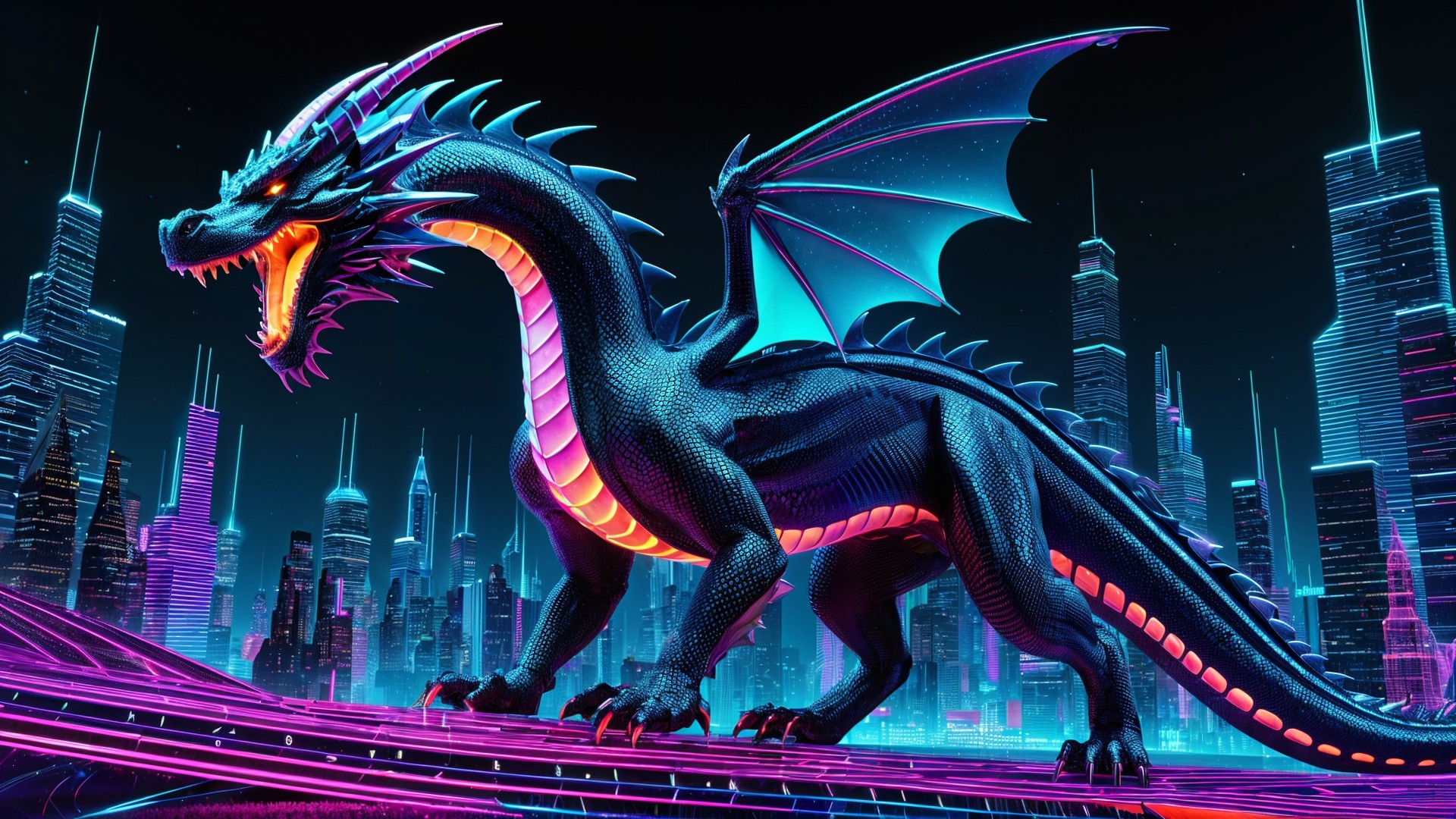 Majestic black dragon with neon accents in skyline