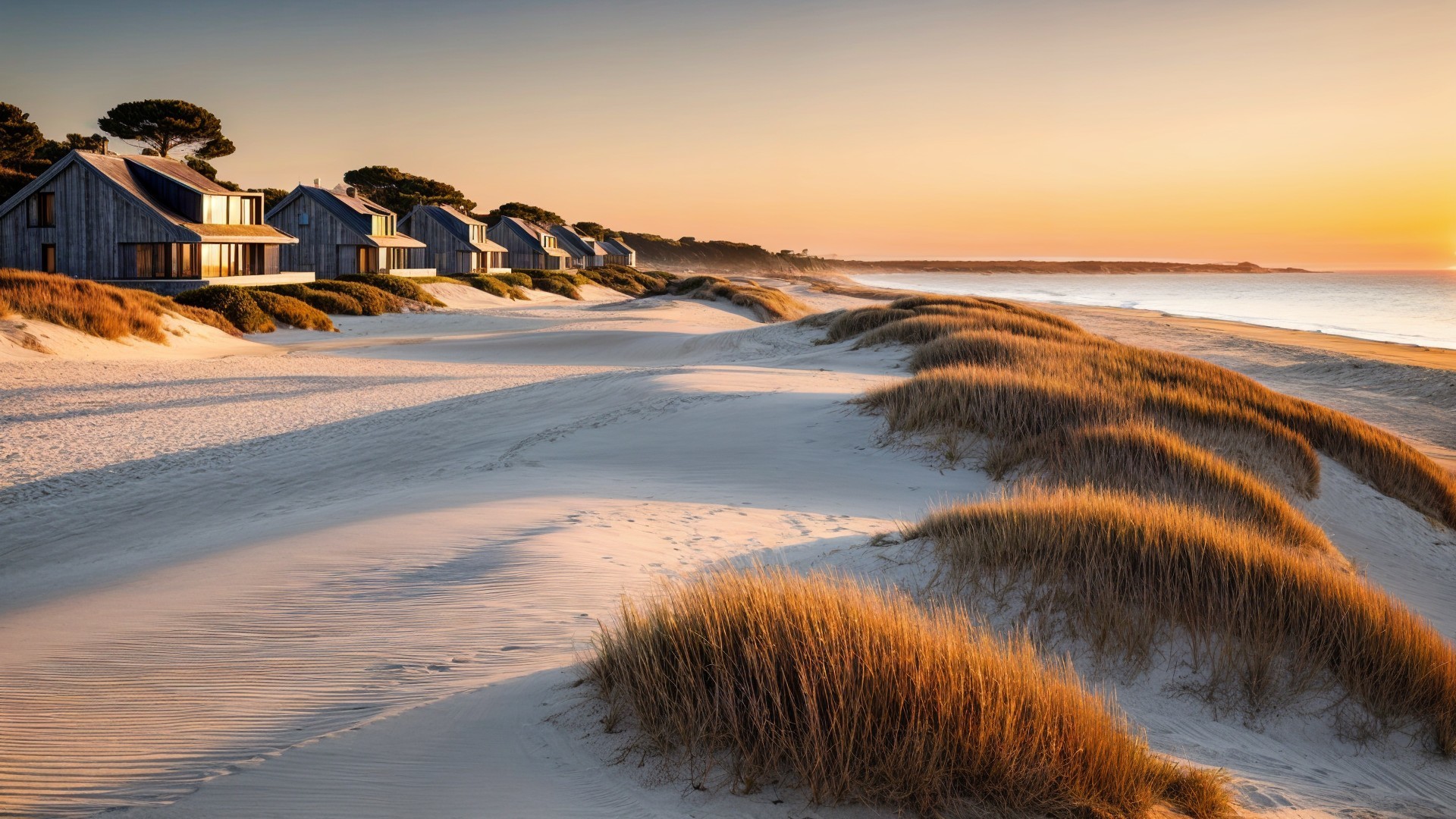 Serene Beachscape at Sunset with Wooden Houses