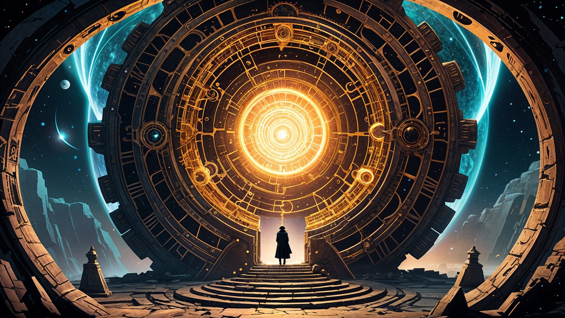 Mysterious figure before an ancient celestial portal