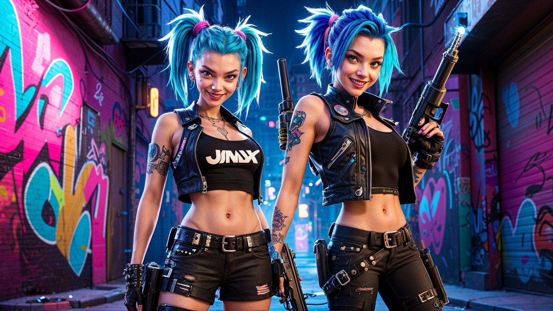 Futuristic urban alley with graffiti and stylized characters