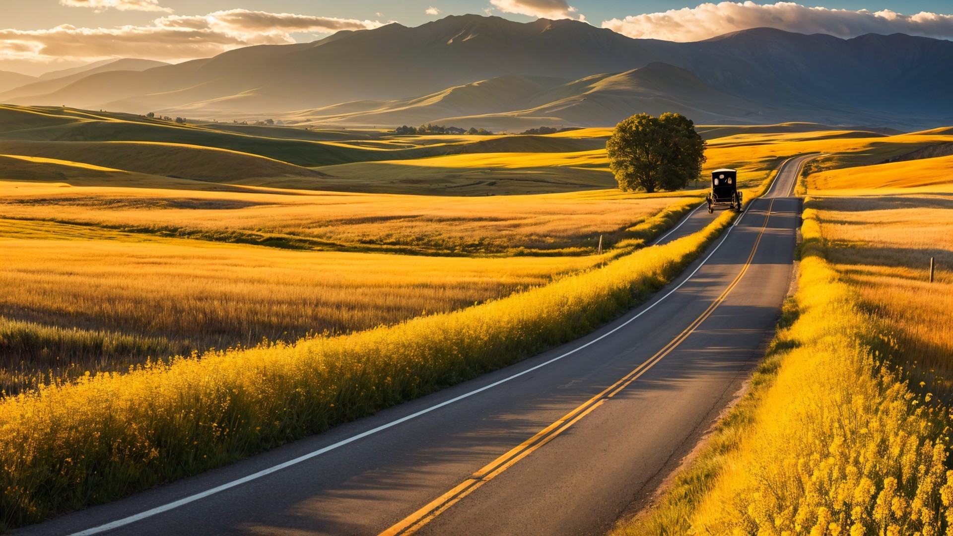 Scenic Countryside Landscape with Winding Road and Carriage