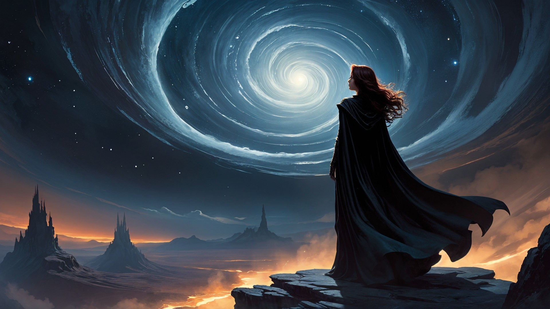 Cloaked Figure Overlooking Cosmic Vortex and Mountains