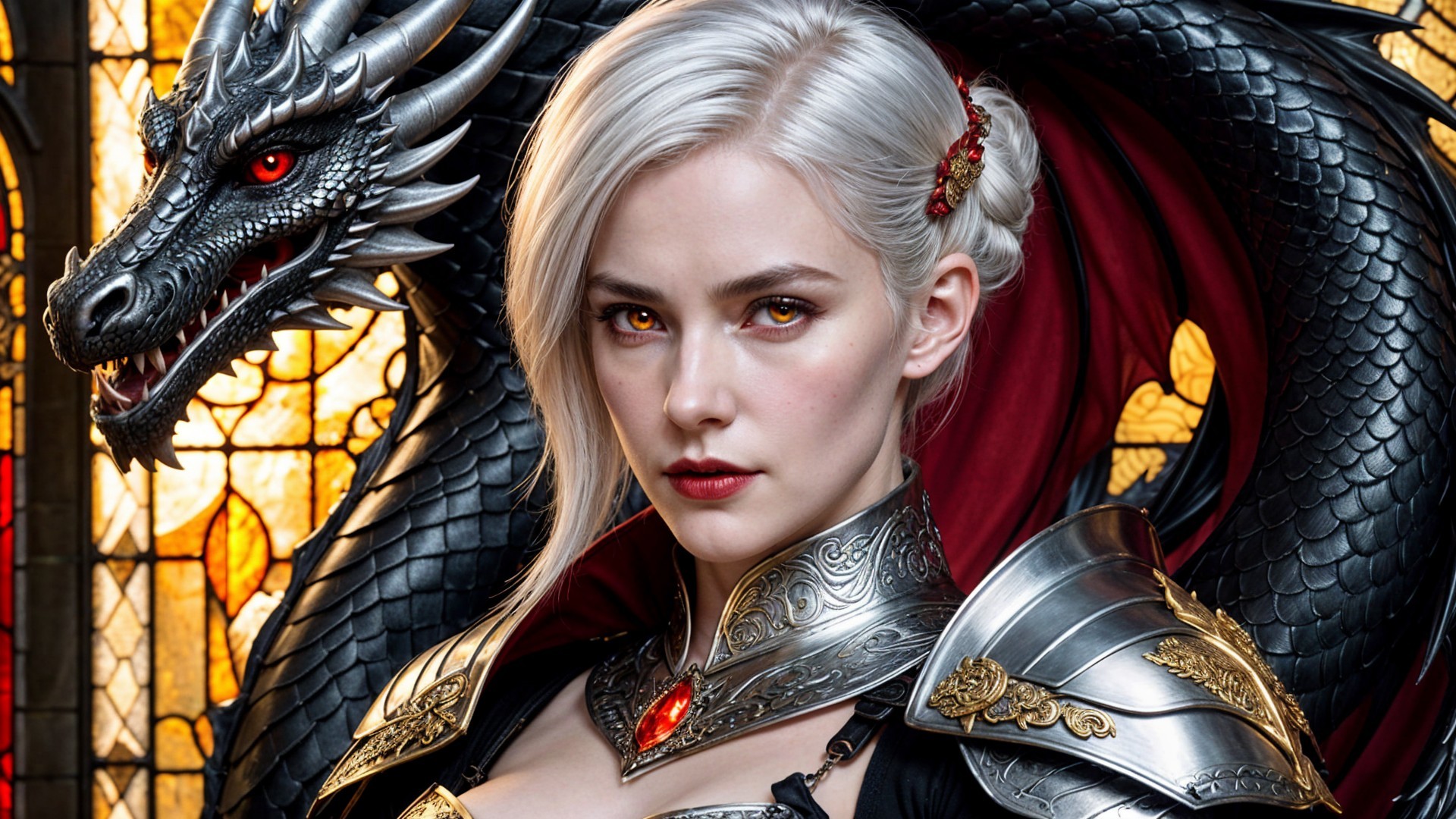 Female warrior in silver armor with black dragon backdrop
