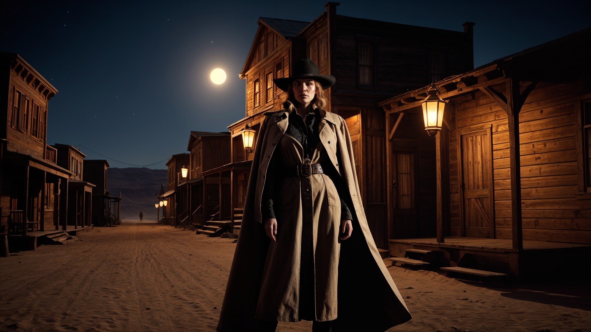 Mysterious Figure in a Moonlit Western Town Scene