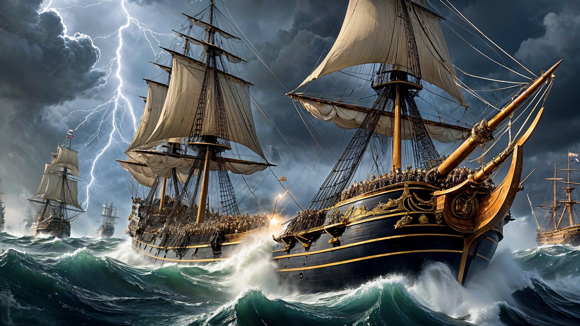 Dramatic Battle Between Tall Ships on Stormy Seas